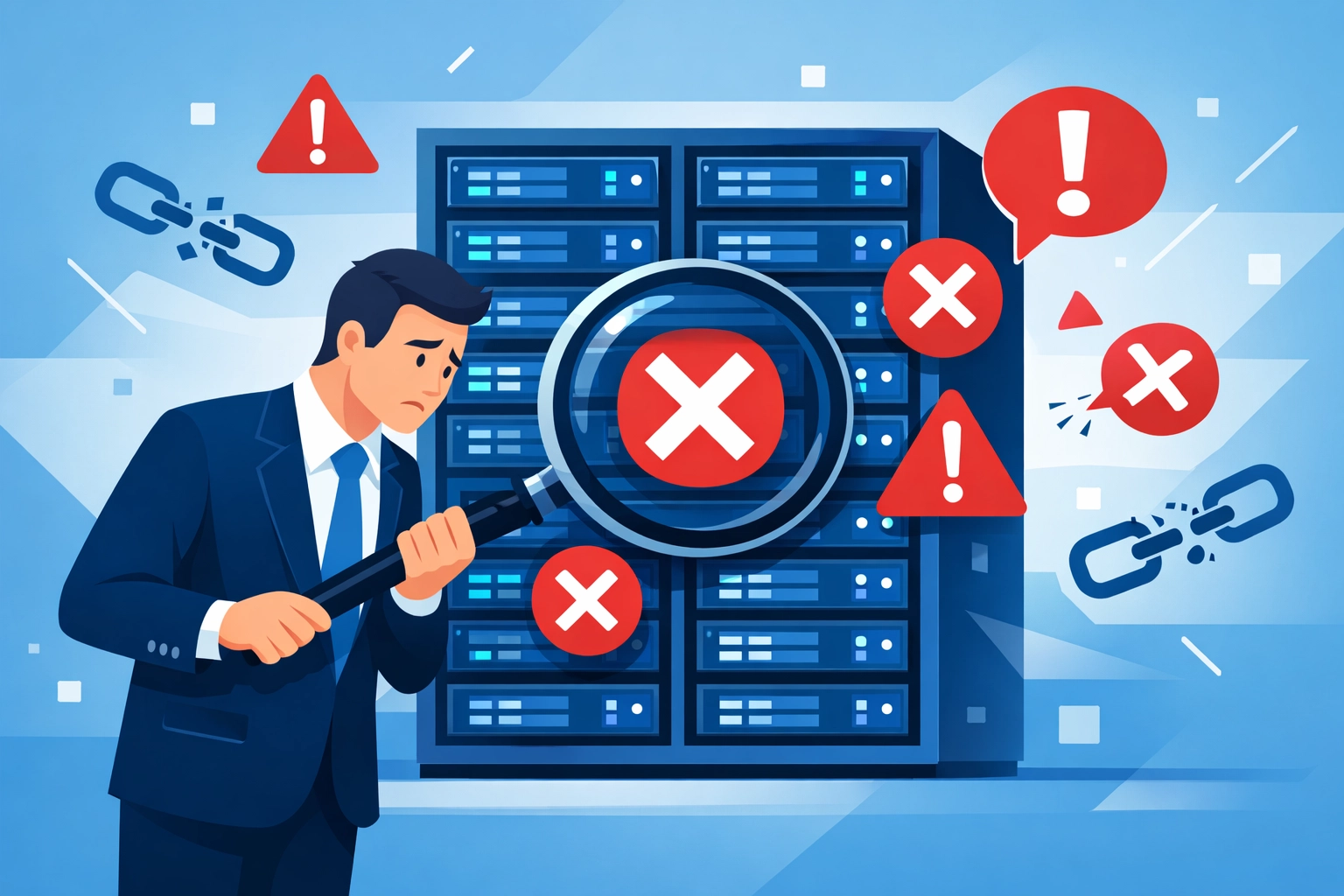 Businessman discovering failed backup errors on server during data backup testing
