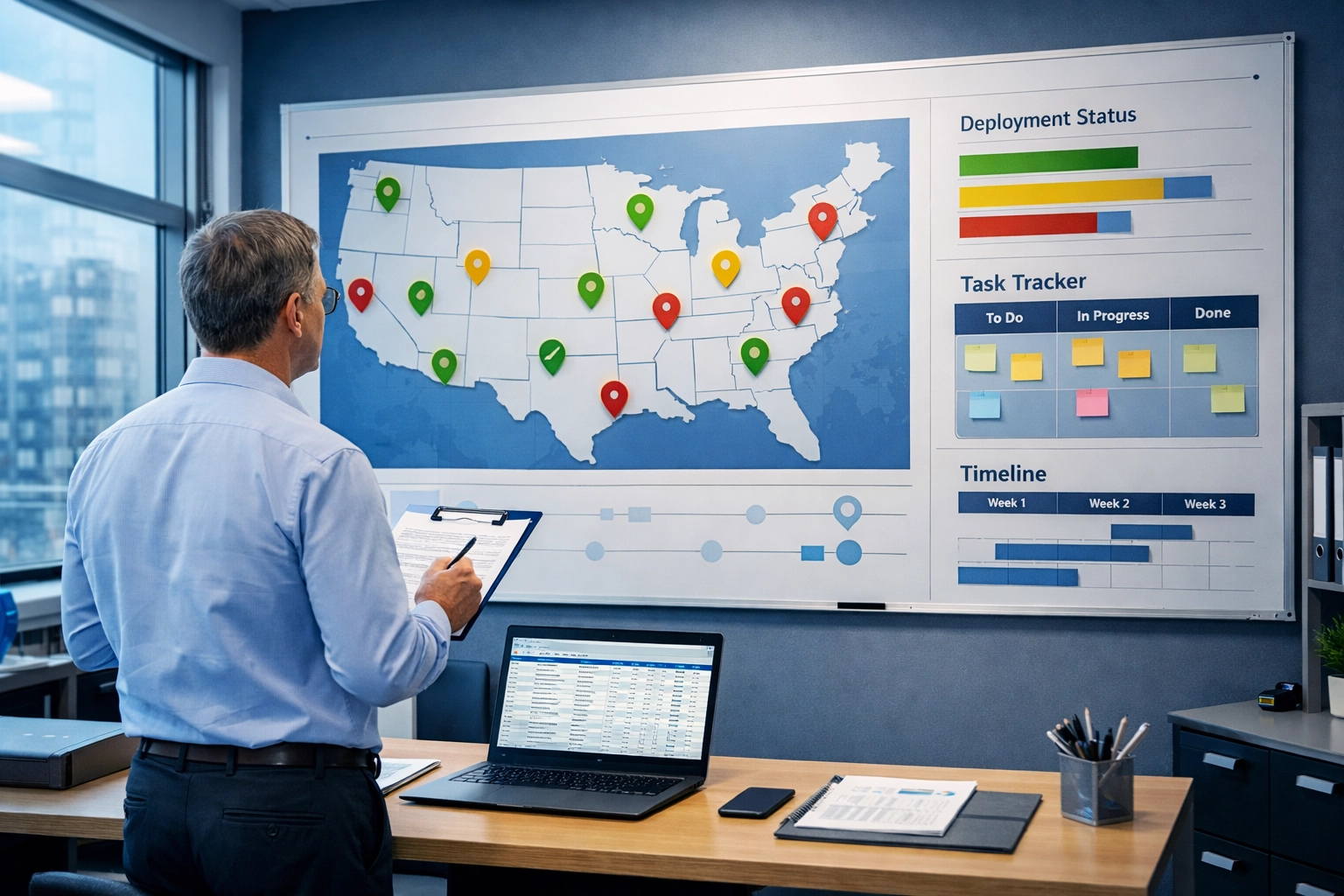 Property manager tracking multi-site POTS replacement deployment progress across locations