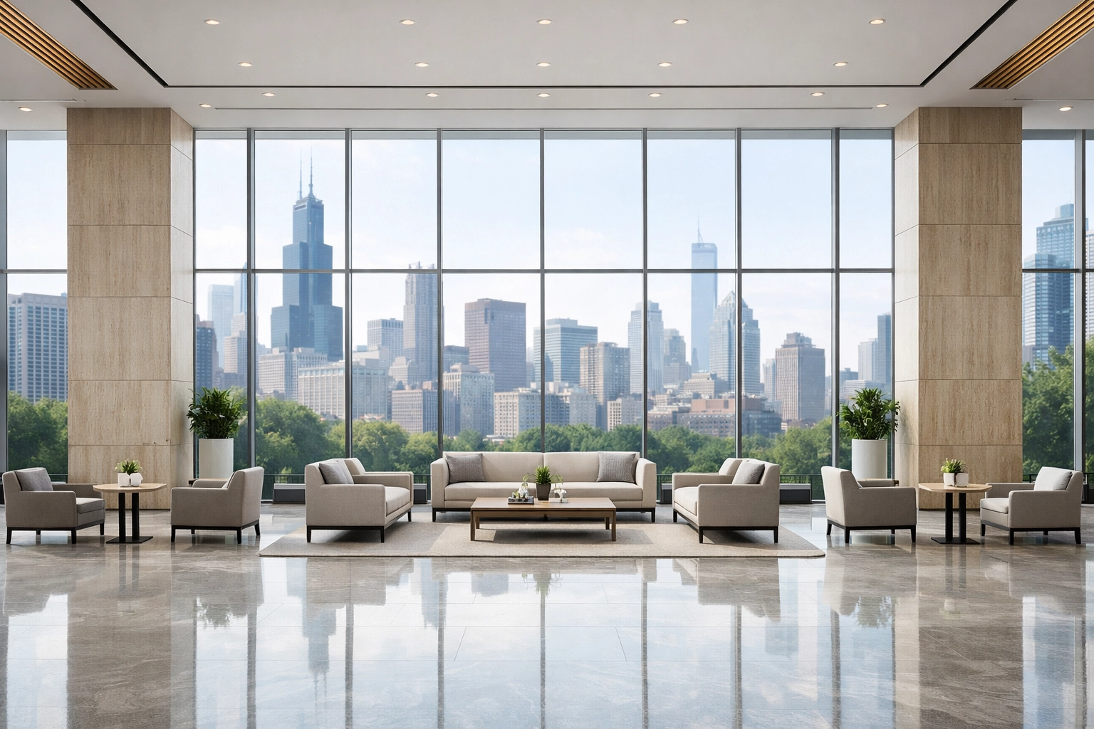 Clean, sunlit commercial office lobby in downtown Chicago with polished marble floors.