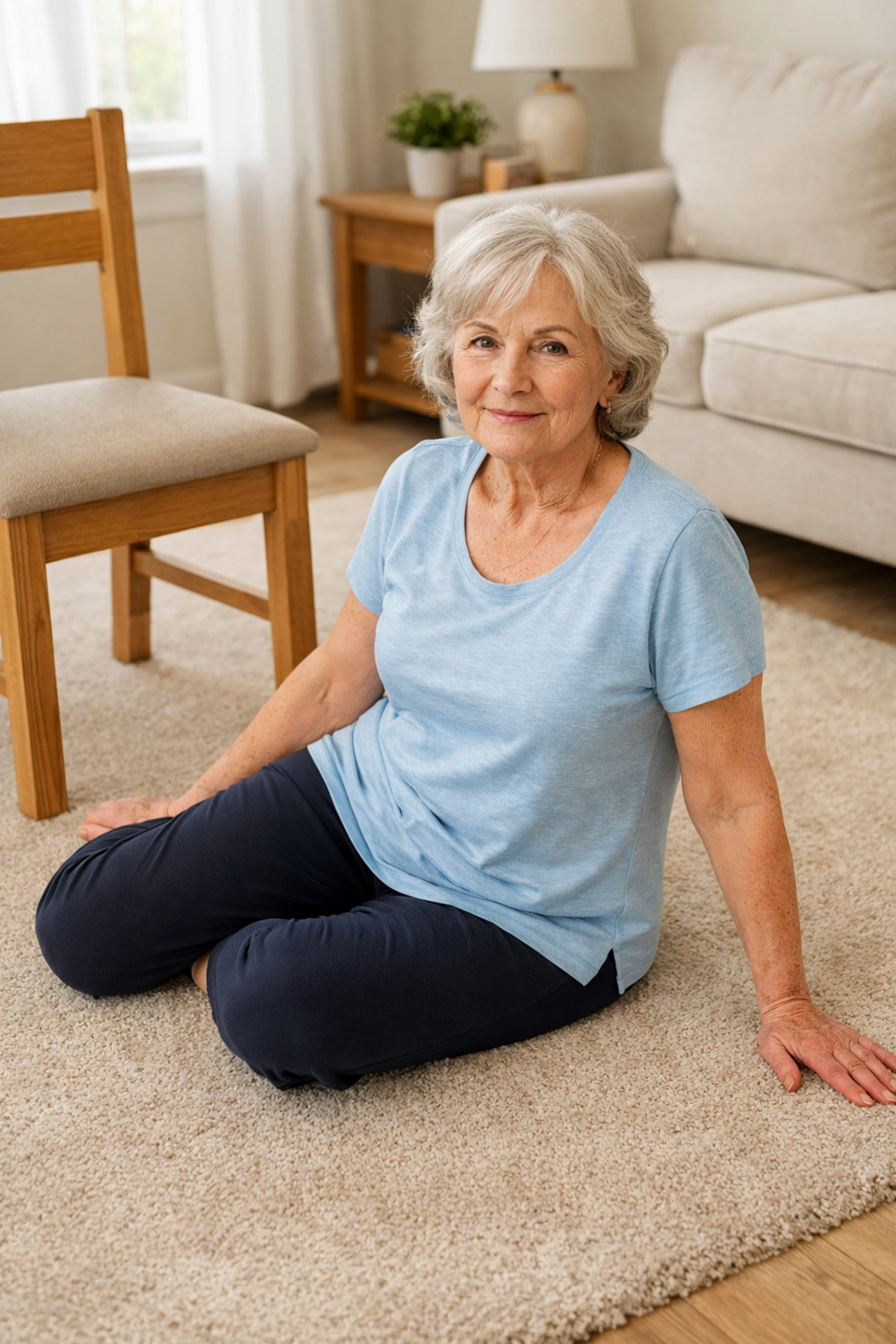 Senior woman demonstrating side-sitting position on floor using chair for support after a fall