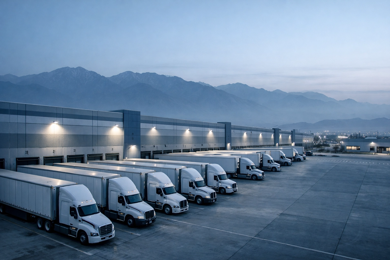 CJ Olive Young's Bloomington logistics hub in California with transport trucks at loading docks.