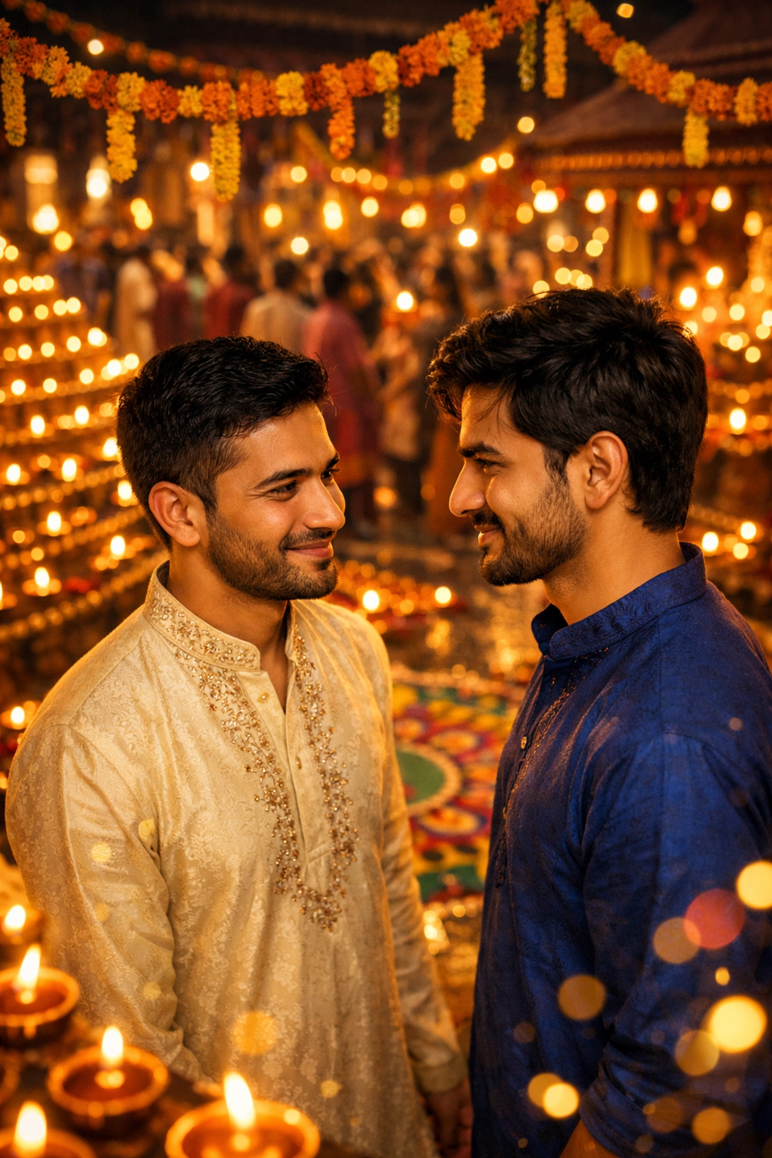 Two men meeting at Janmashtami temple celebration with oil lamps and marigold garlands in Delhi