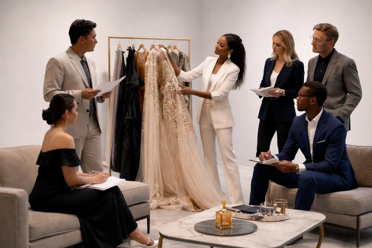 Fashion industry professionals and buyers engage in a luxury showroom meeting, highlighting Latin Fashion Week's brand ecosystem