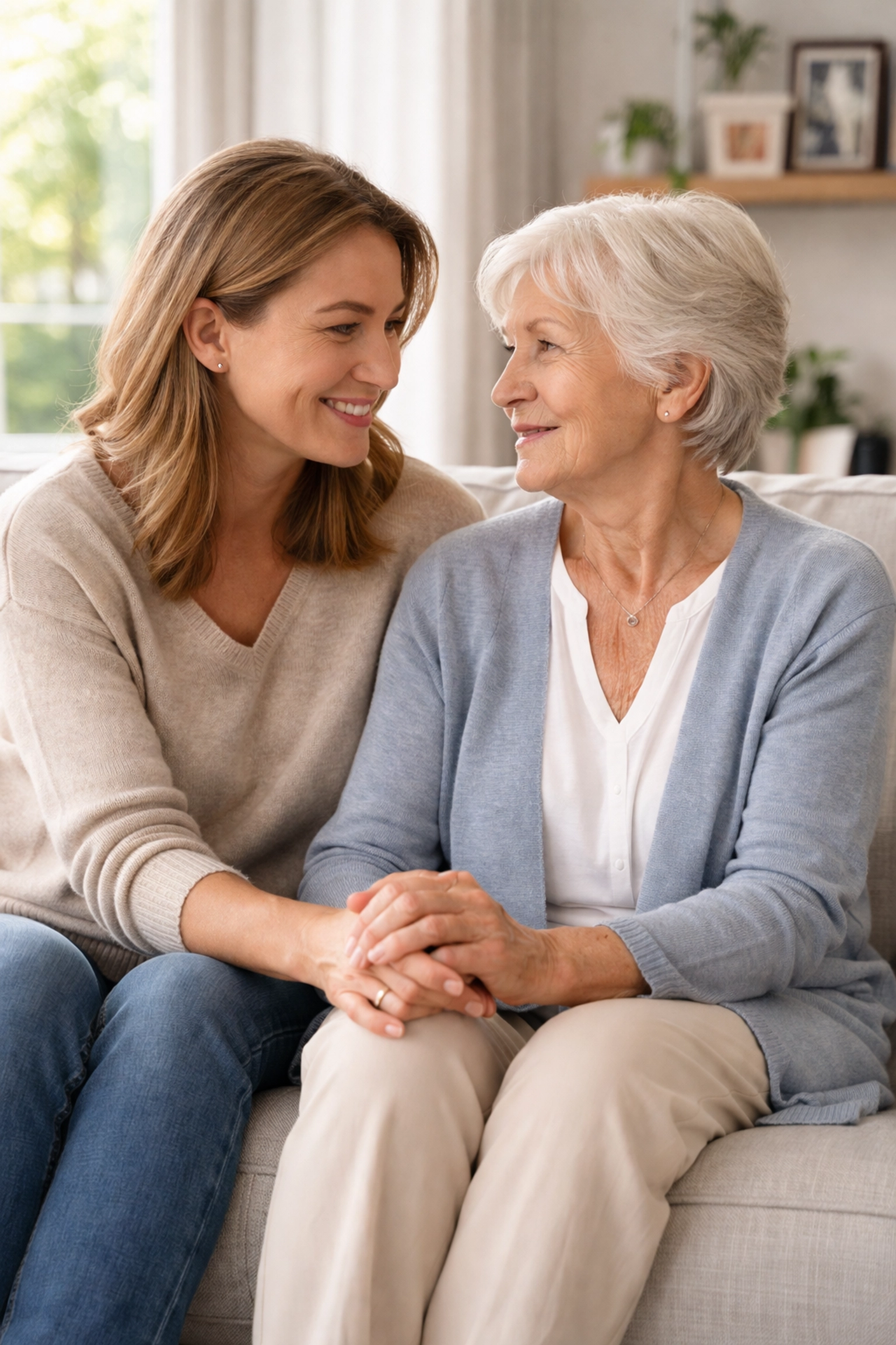 Adult daughter holding hands with elderly mother, highlighting IUL living benefits for chronic and critical illness