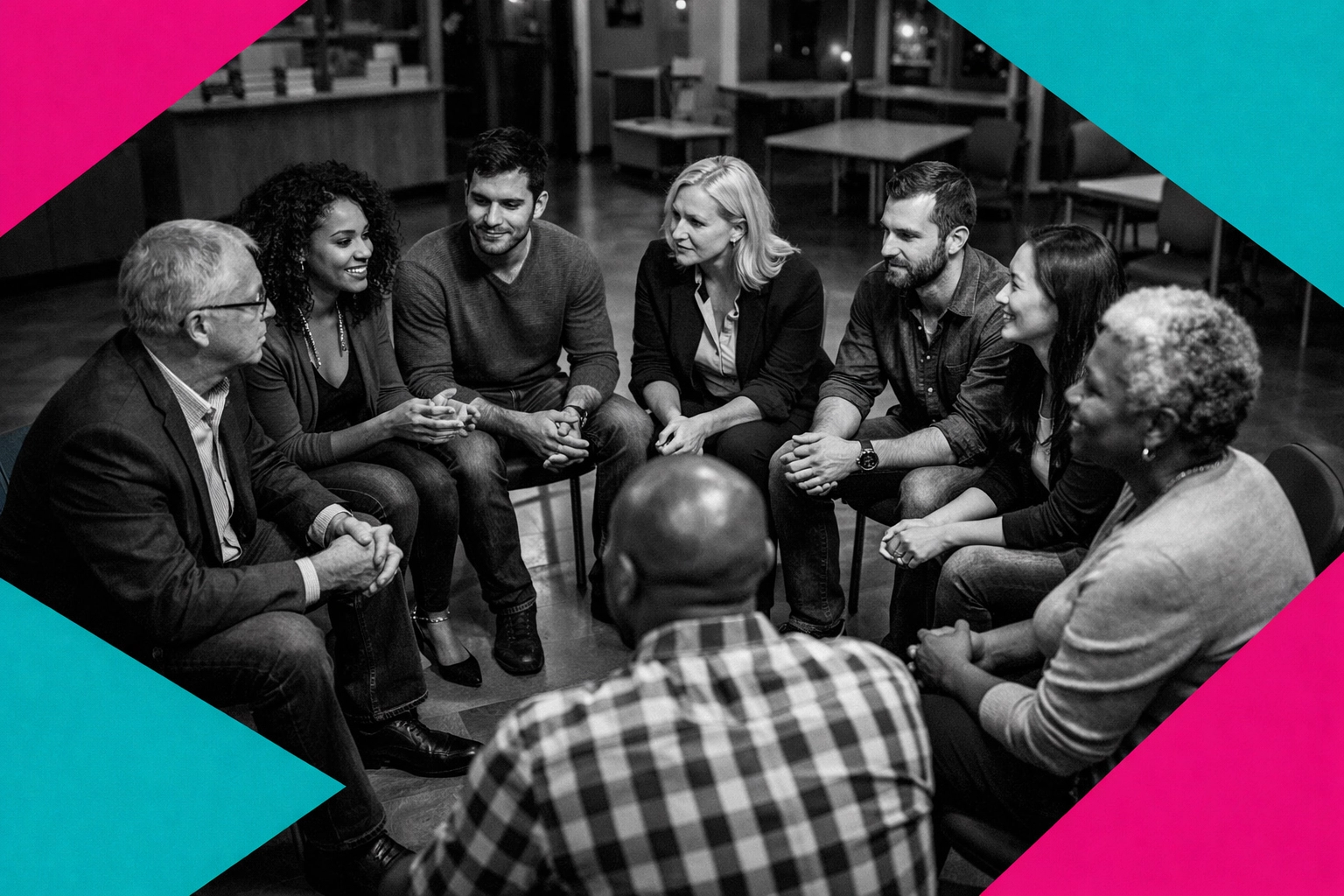 Diverse community support group sitting in circle discussing mental health in urban setting