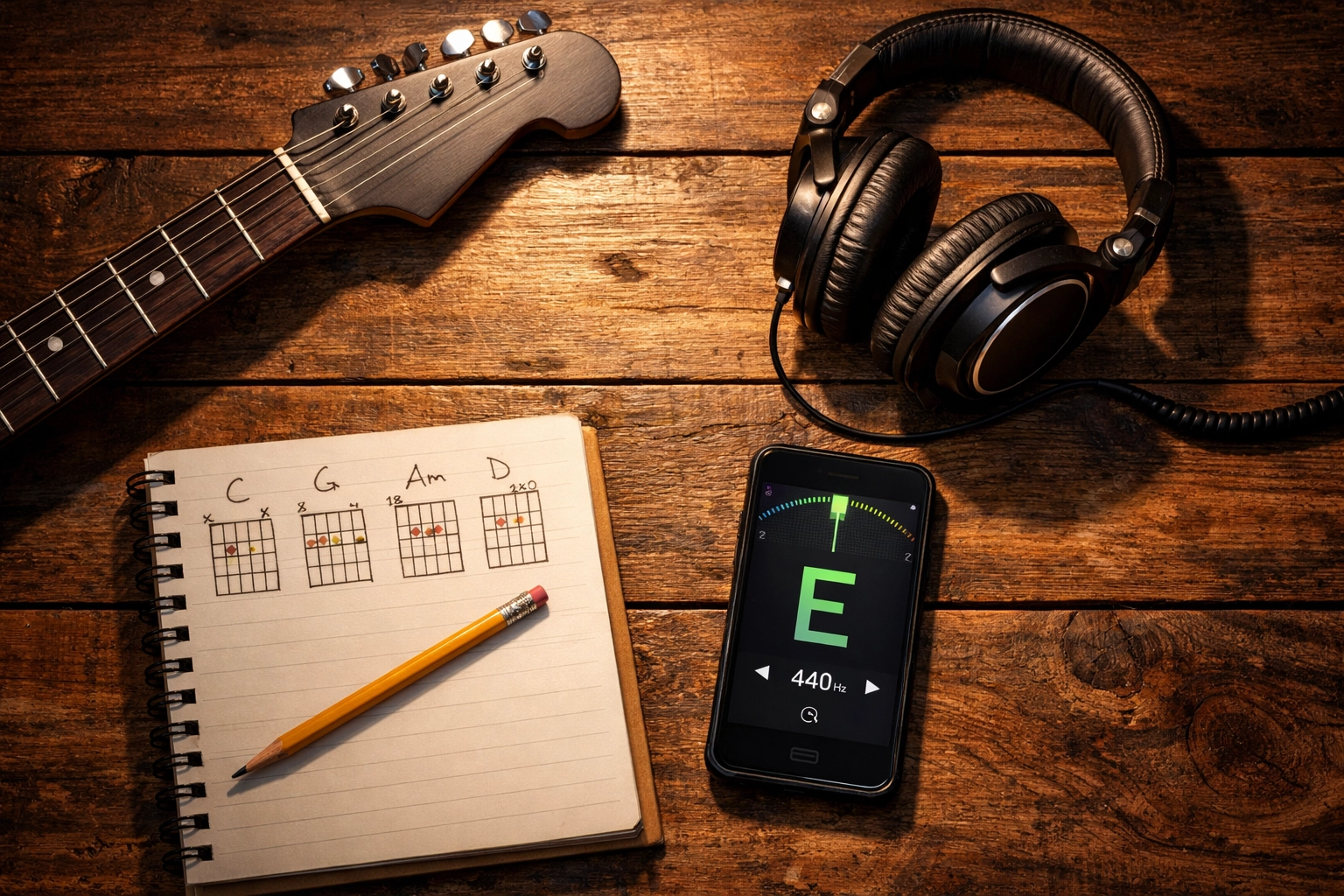 Guitar practice setup featuring headphones, a tuner app, and notes for online music lessons.