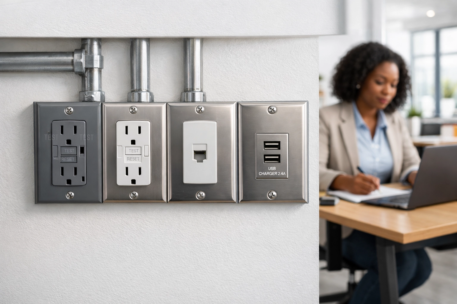 Properly installed commercial electrical outlets in a modern small business office space