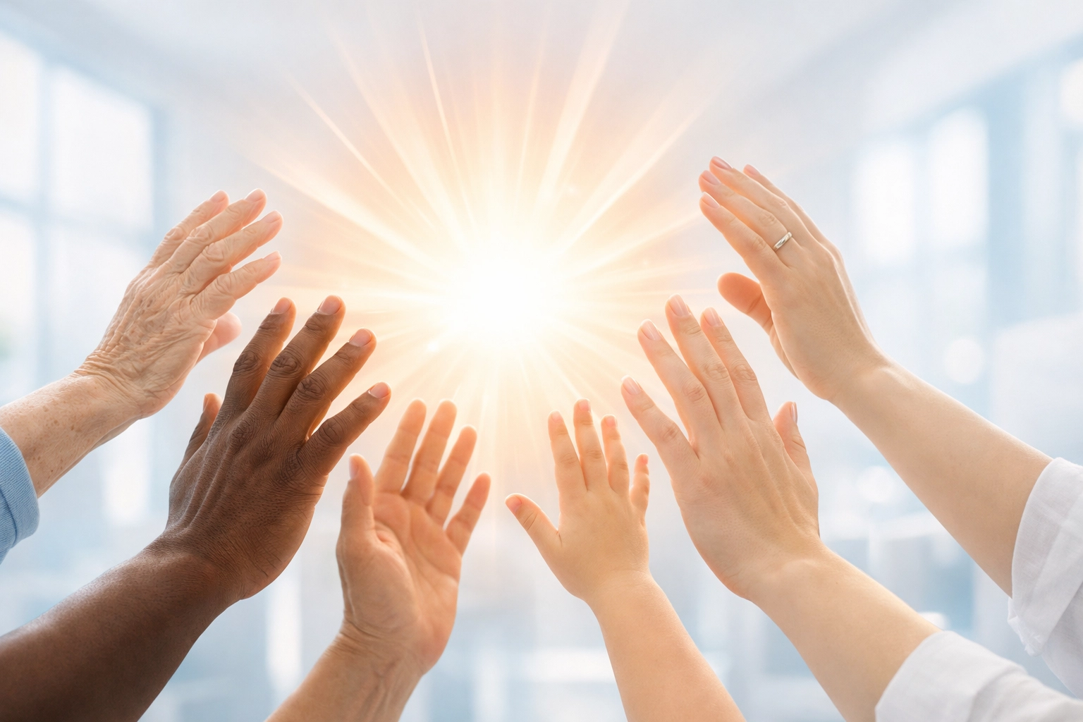 Diverse hands reaching toward light, symbolizing a unified global digital prayer community.