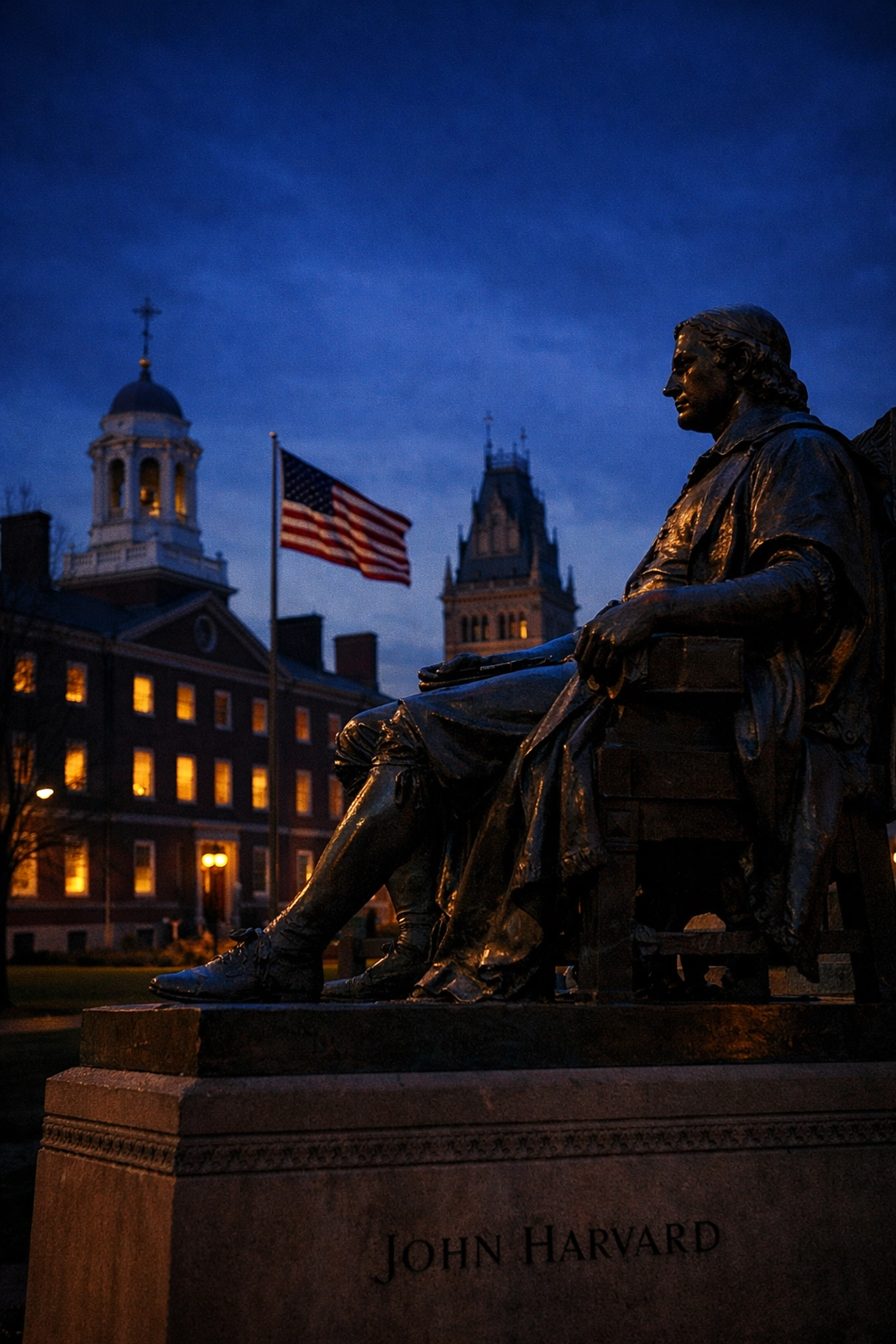 Harvard University campus with historic buildings and American flag at dusk