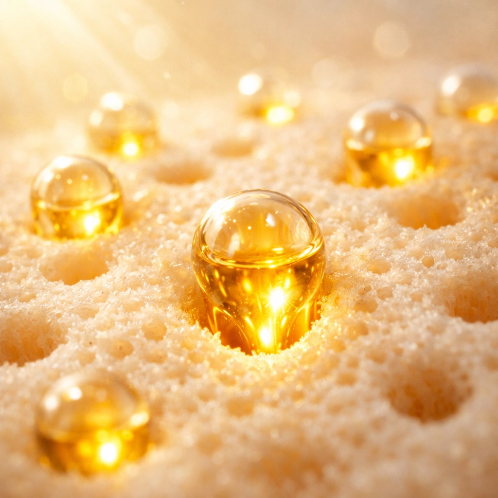 Macro view of a porous scalp surface absorbing golden hair care oils for deep nourishment.