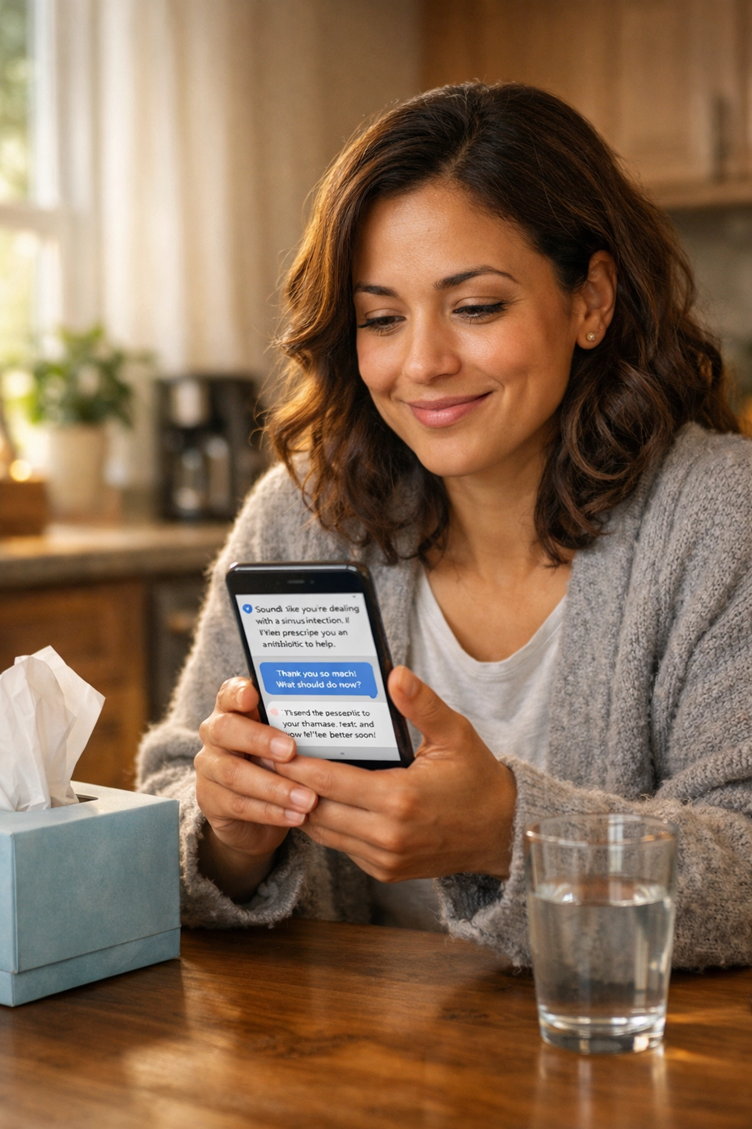 Woman chatting with doctor online for sinus infection treatment using smartphone at home