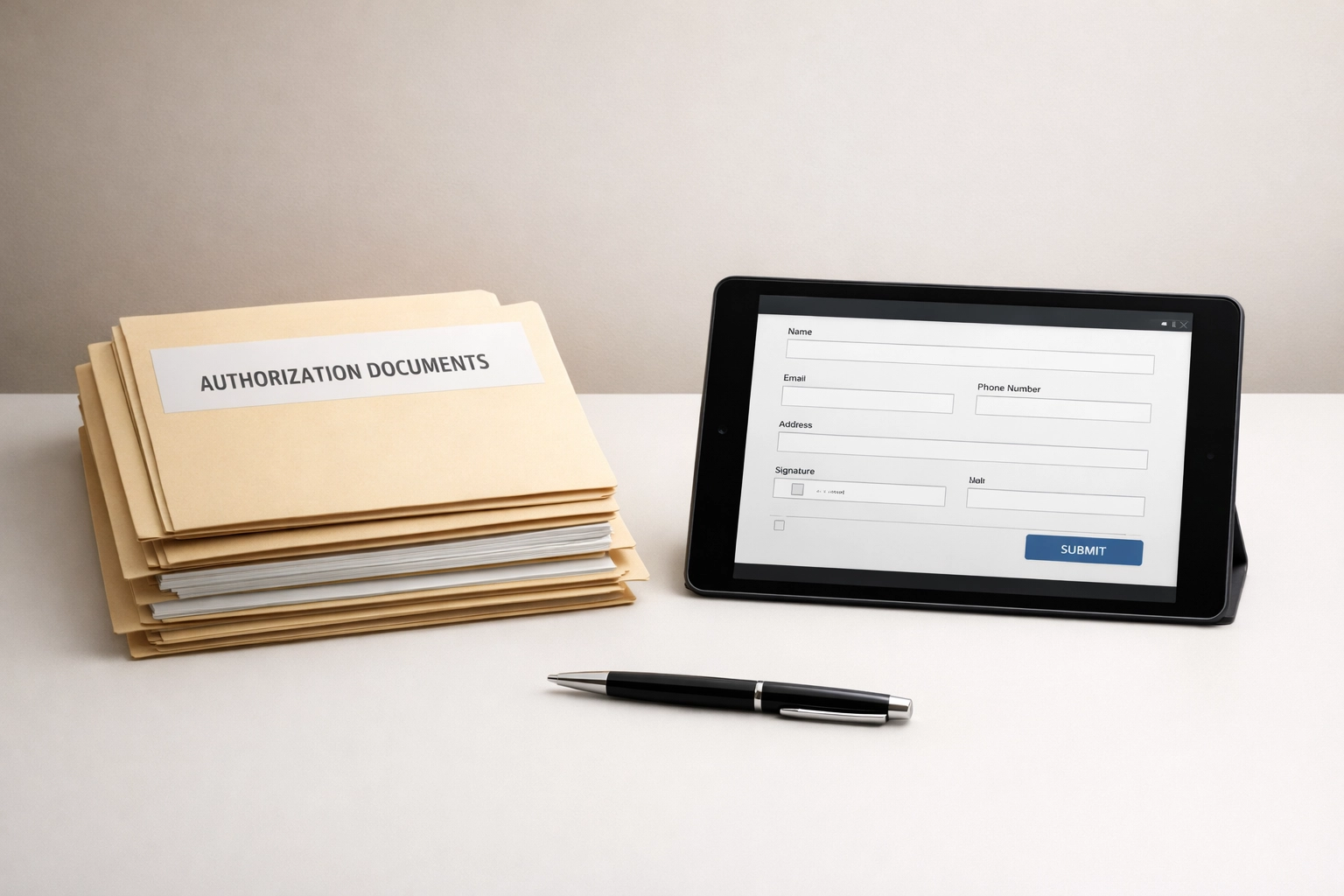 Tax authorization forms and compliance documents on professional office desk