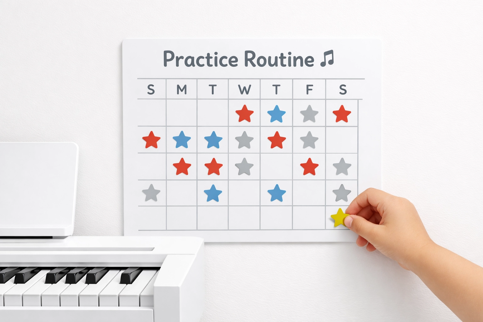 Piano practice chart with colorful stickers tracking daily progress for kids