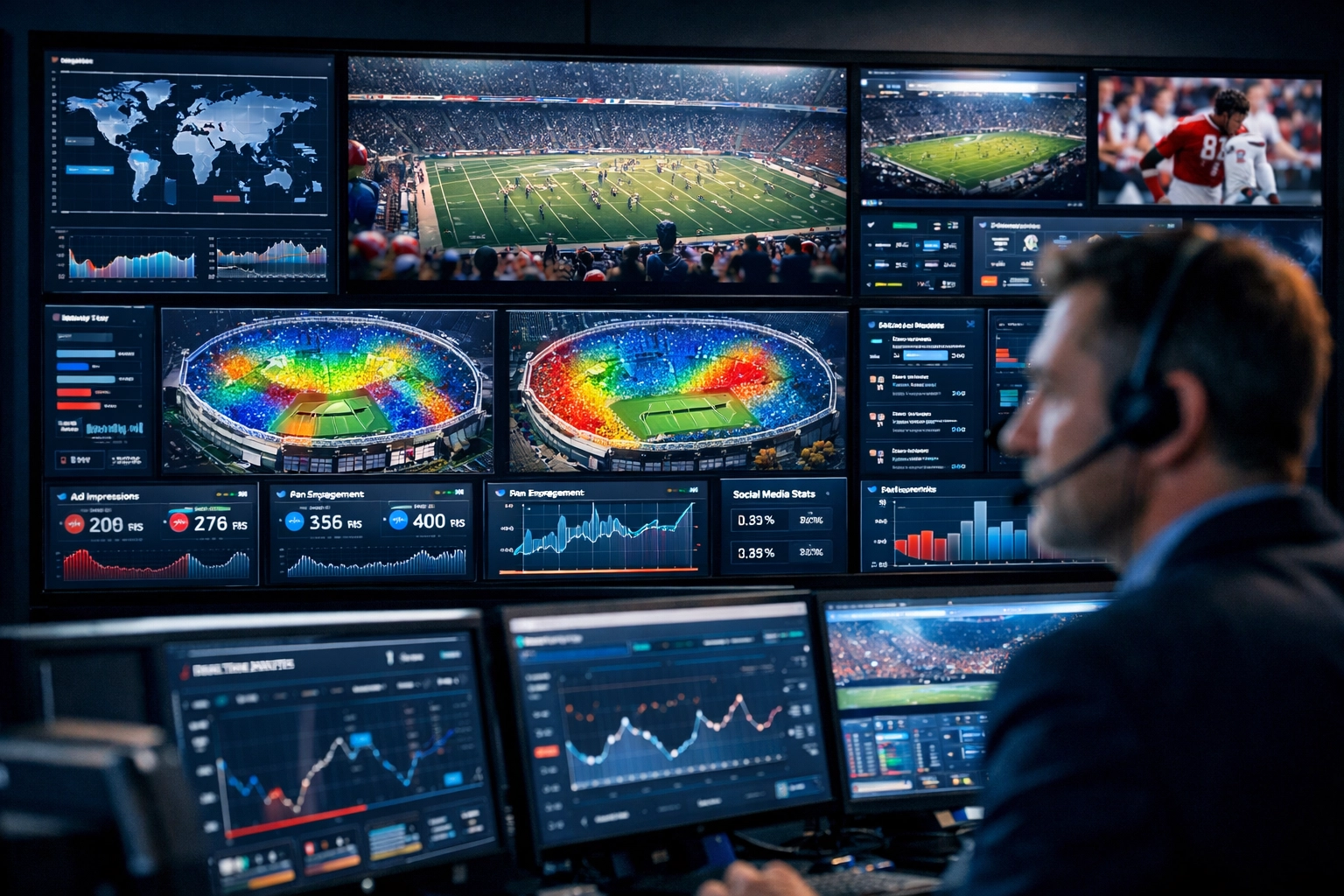 A professional media operations center tracking real-time AI analytics for stadium advertising.