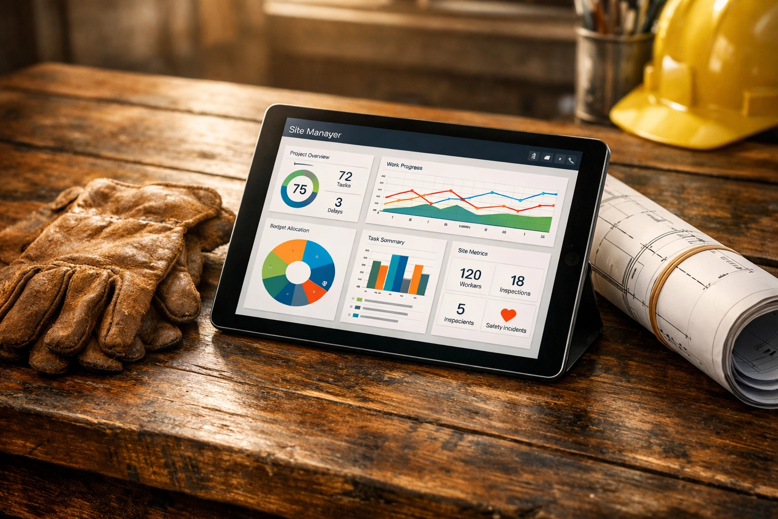 Professional construction site manager's workspace with a tablet displaying CIS verification data and blueprints.