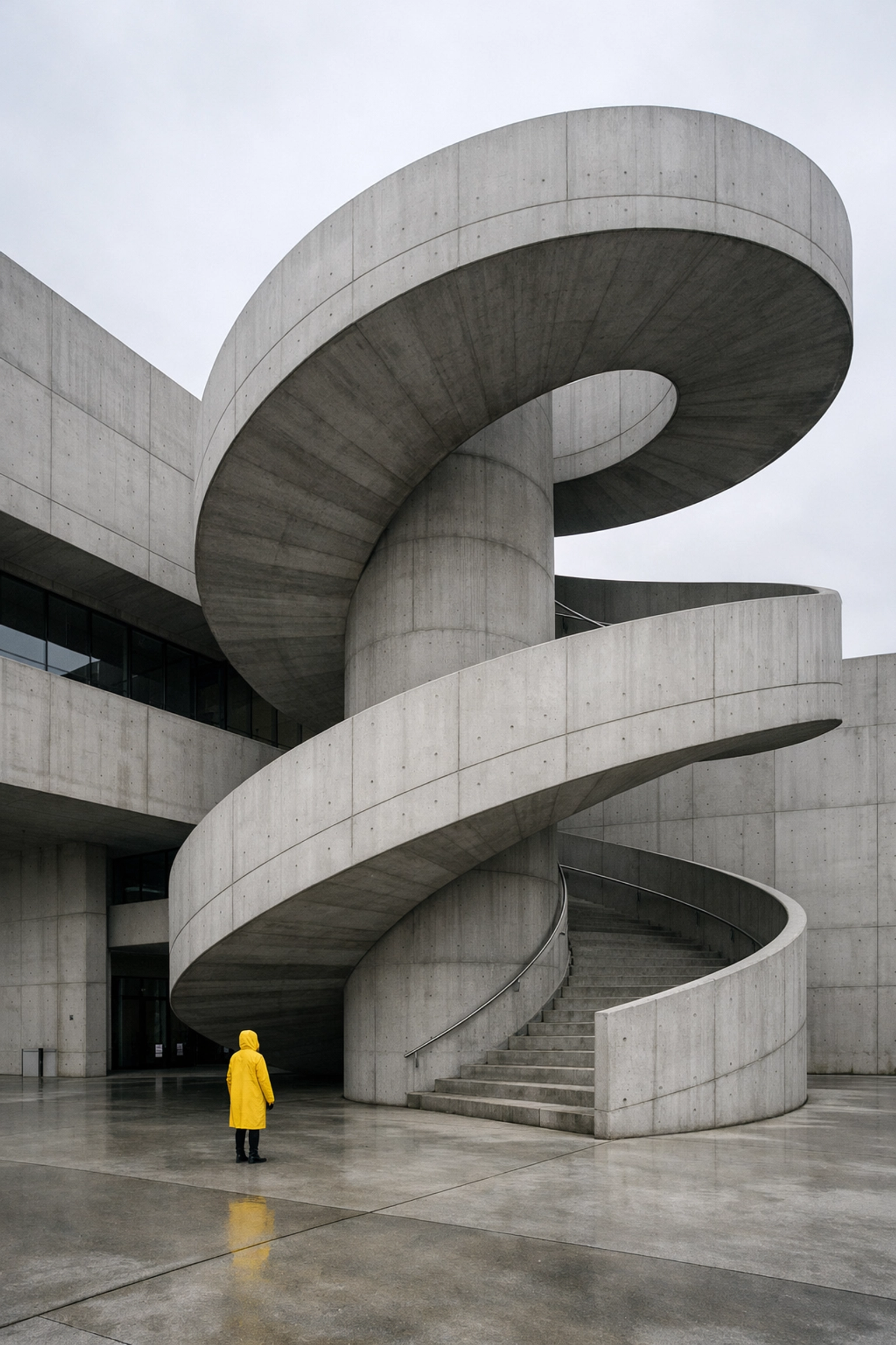 Using modern architecture and a small human figure to show scale in creative street photography.