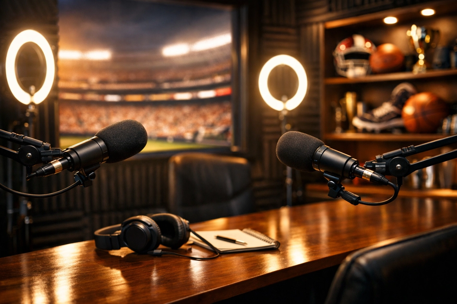Professional podcast recording studio with microphones for athlete-driven sports media content