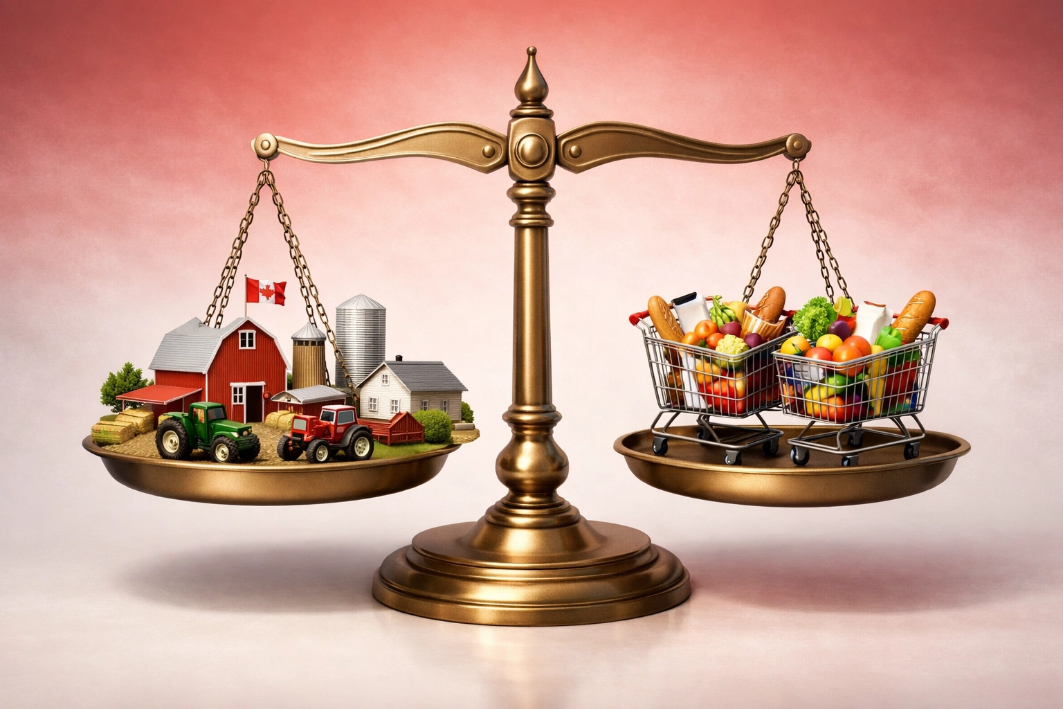 Balance scale weighing Canadian farms against consumer costs in supply management system