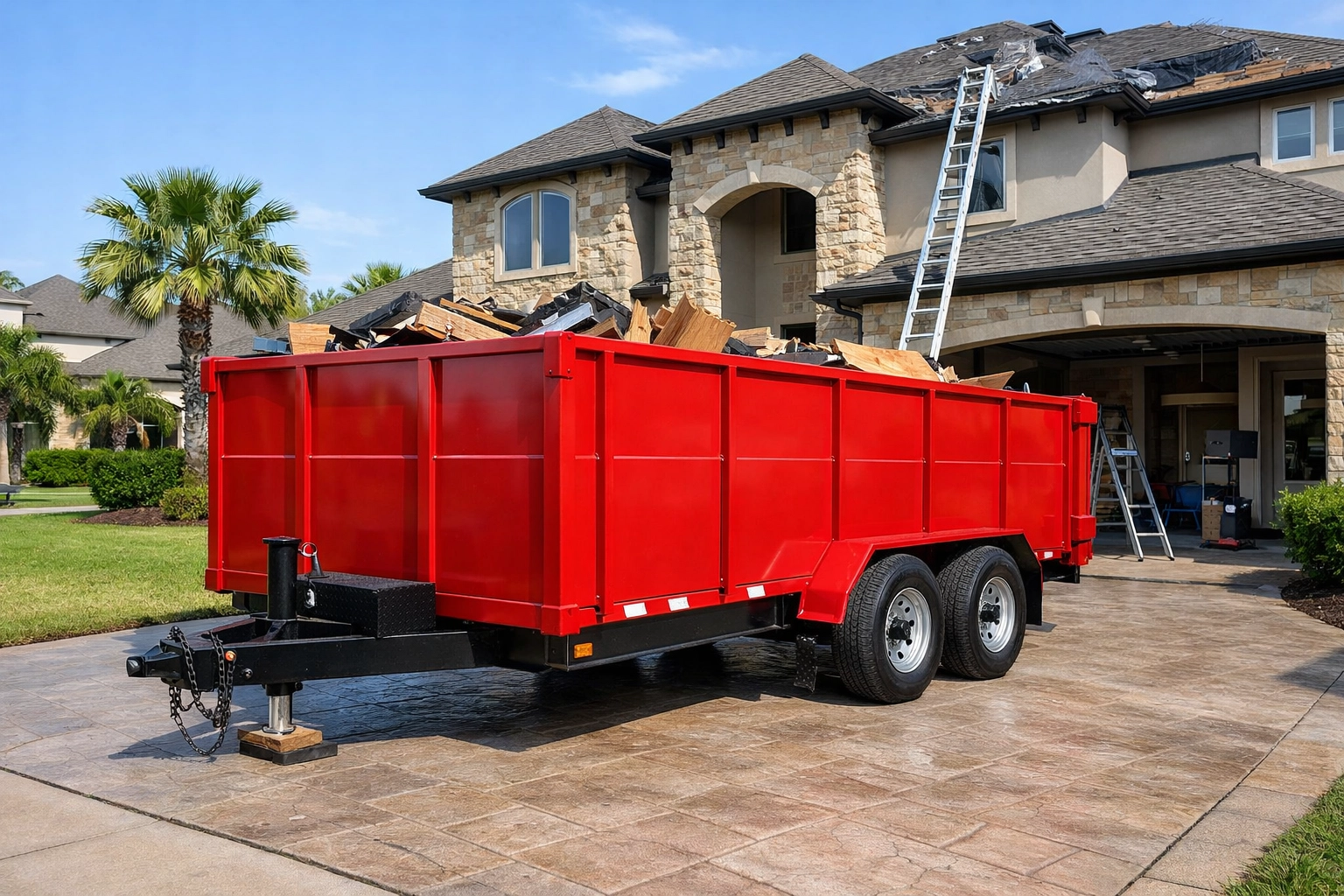 Tall-walled mobile dumpster on rubber tires parked safely on a residential driveway for a Houston home remodel.