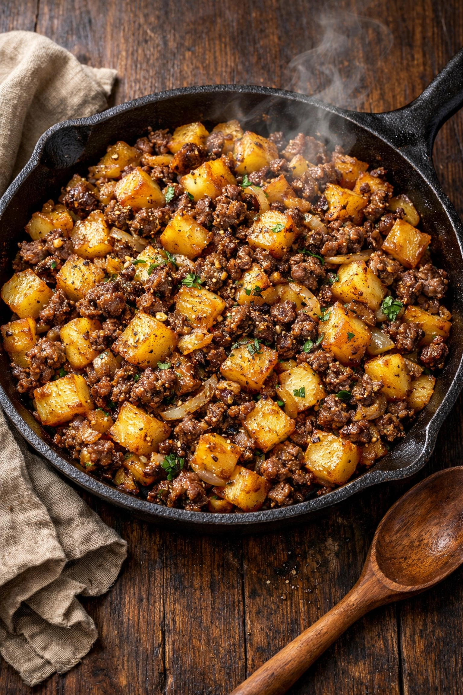 Golden-brown ground beef and potato skillet with caramelized onions - easy weeknight dinner