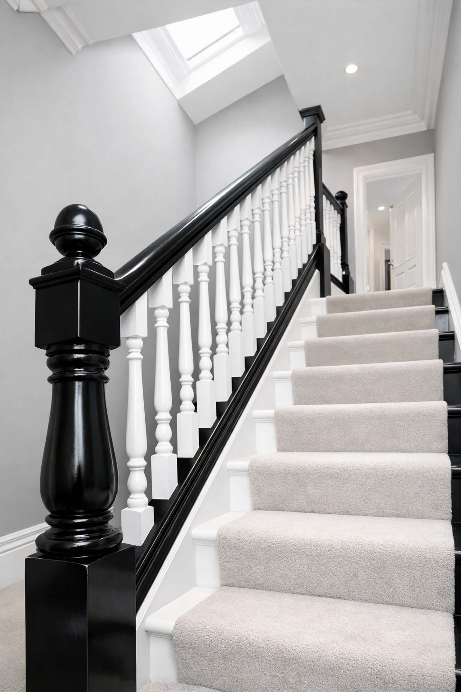 Black painted banister and white spindles on a refurbished staircase in a Cheltenham period home.