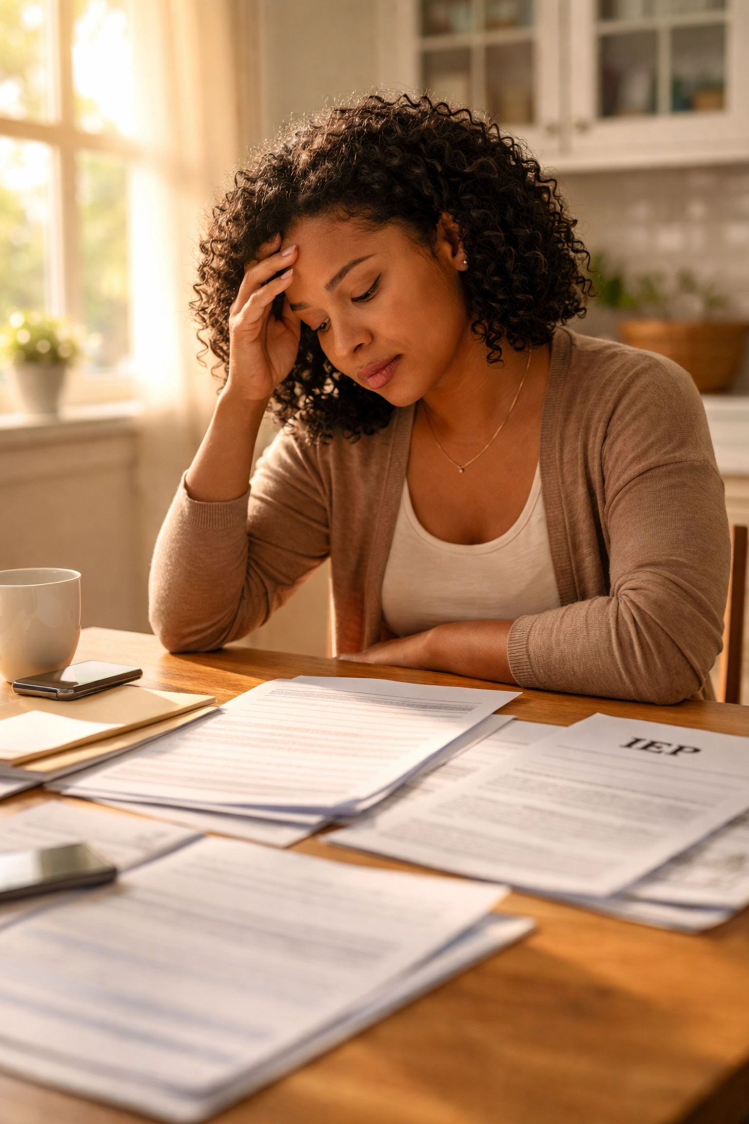 African American mother reviewing IEP documents at home, feeling overwhelmed by the special education process in Georgia