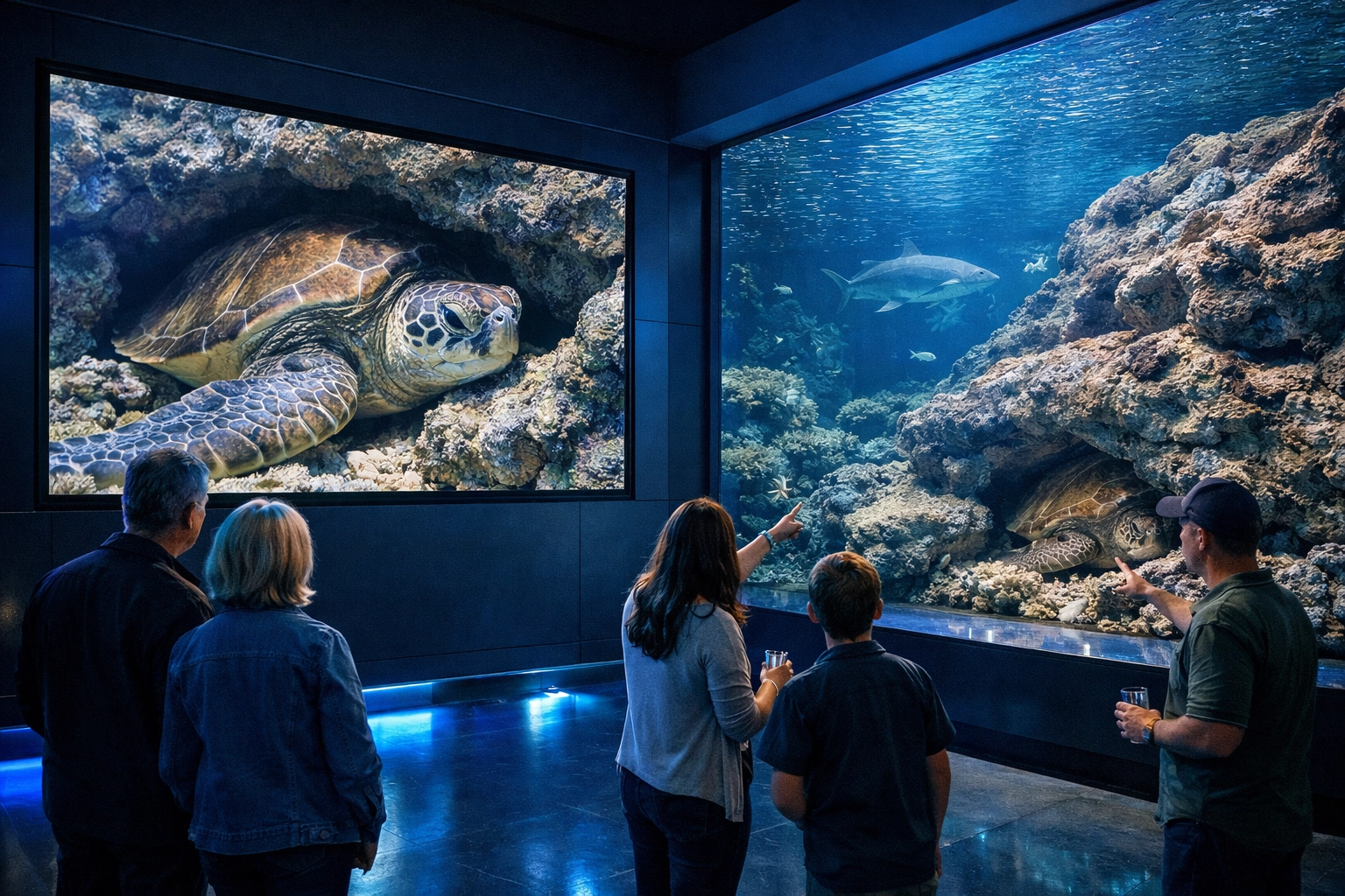 High-definition digital signage in an aquarium displaying live animal feeds for guests.