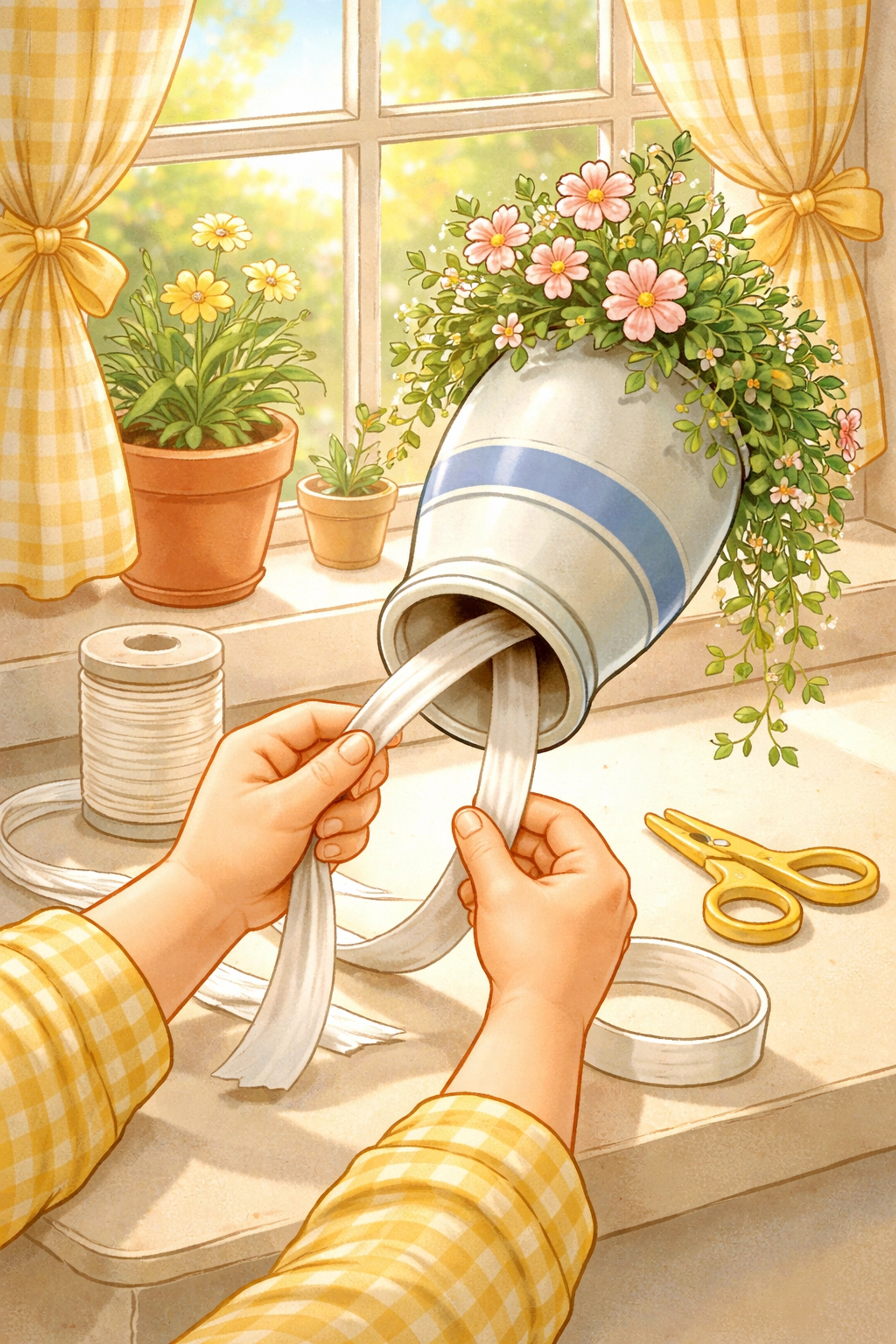 Child threading a cotton wick through the mouth of a milk jug planter next to potted plants on a window sill