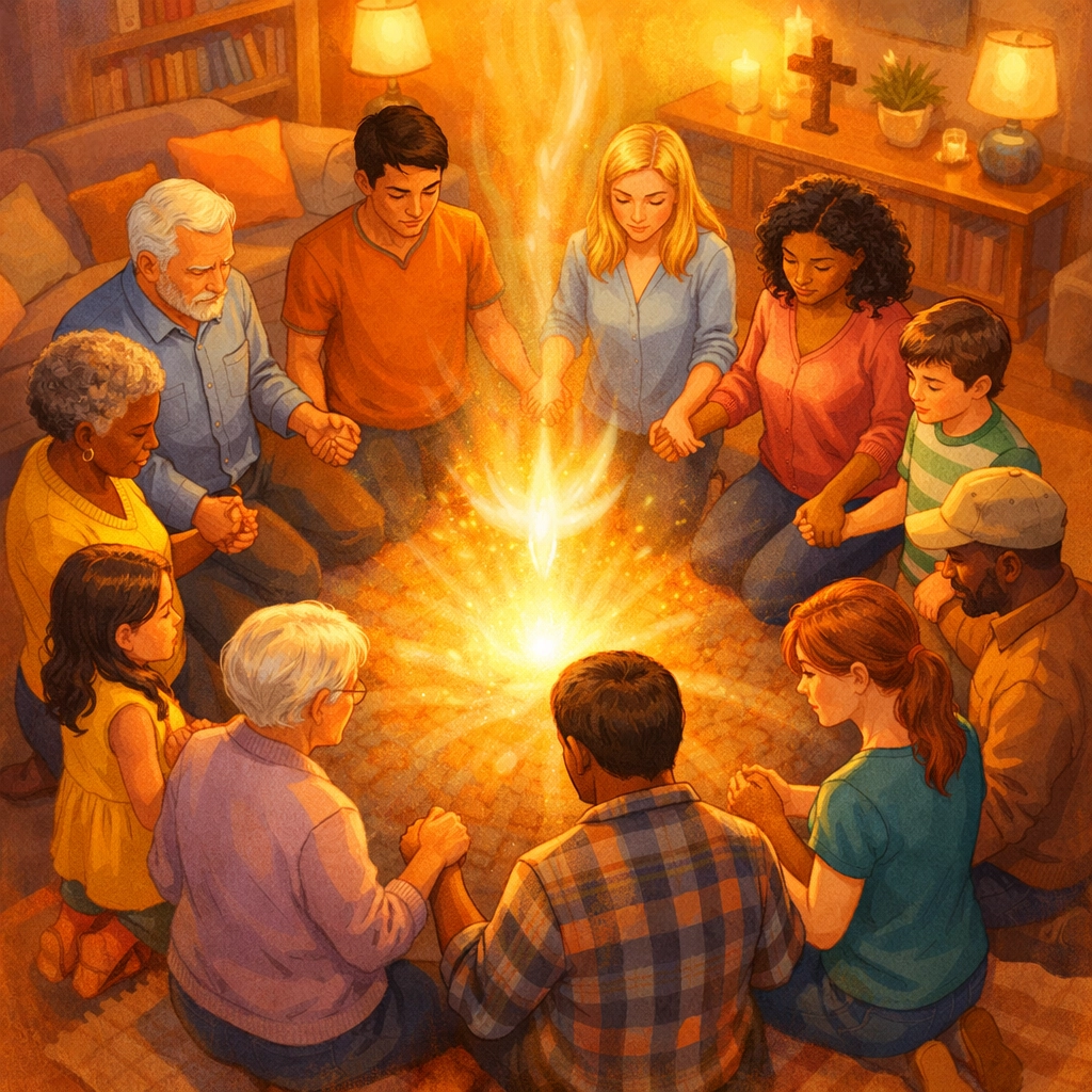 Diverse group of Christians holding hands in circle praying together in community