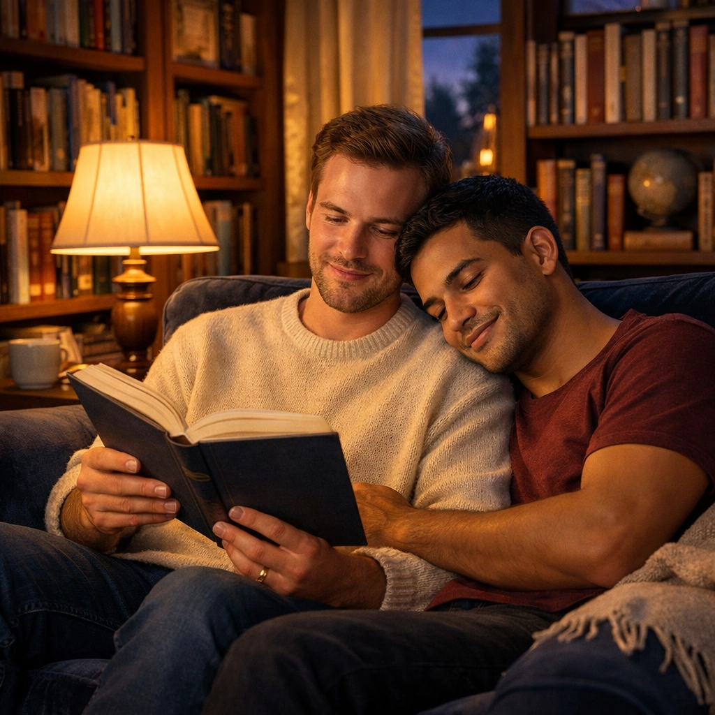 Affectionate gay couple reading MM romance books in a library, showing the healing power of LGBTQ+ literature.
