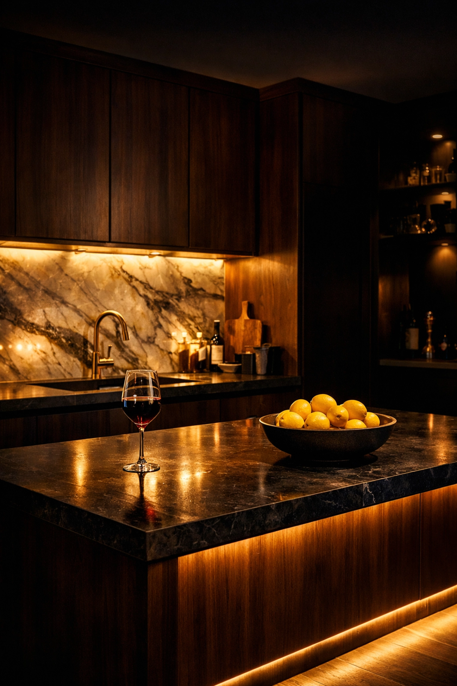 Professional kitchen lighting and marble splashback in a luxury Bognor Regis home renovation.
