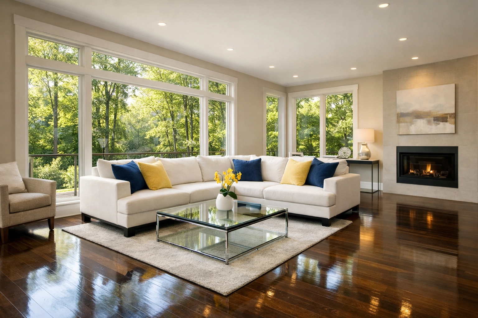 Modern living room with polished hardwood floors after professional house cleaning in Ashby MA.