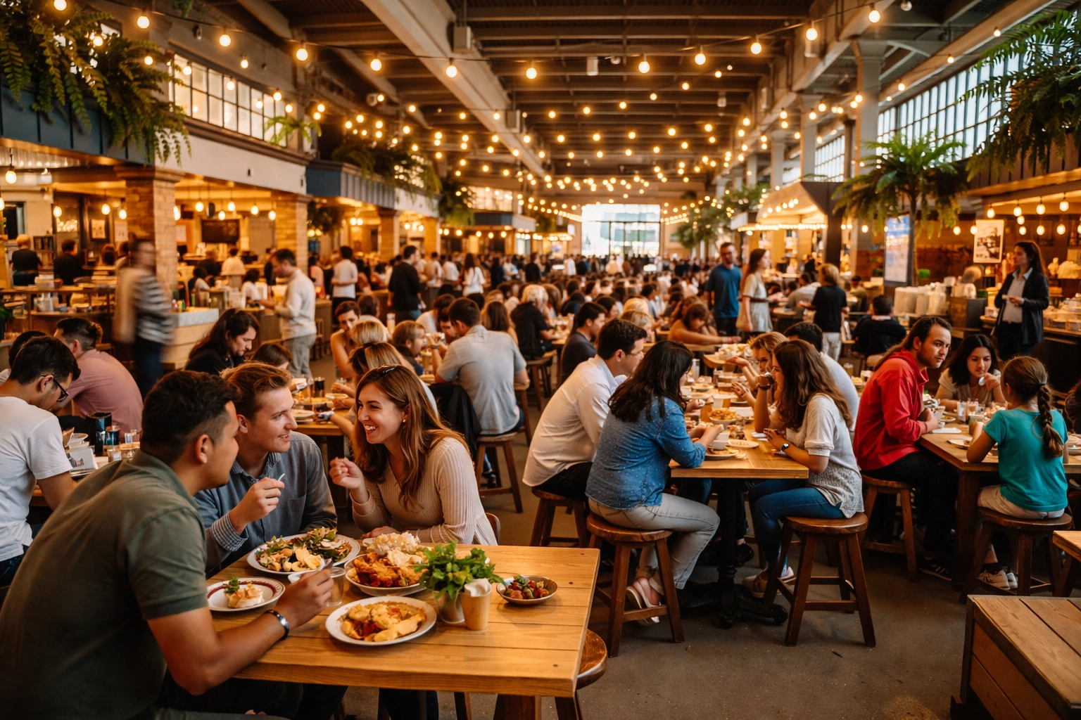 Modern food hall with communal tables showcasing the experience anchor hospitality trend in 2026