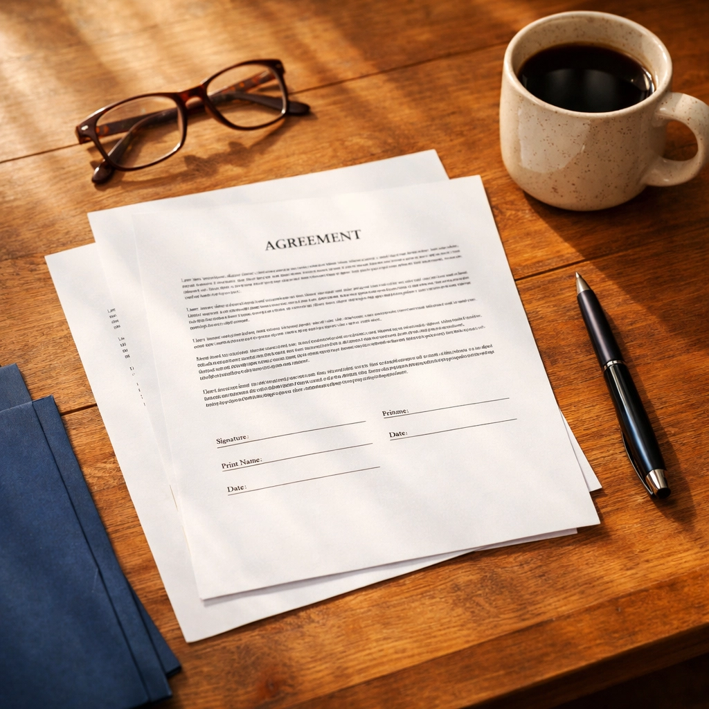 Unsigned notary documents with pen and reading glasses on kitchen table ready for mobile notary appointment