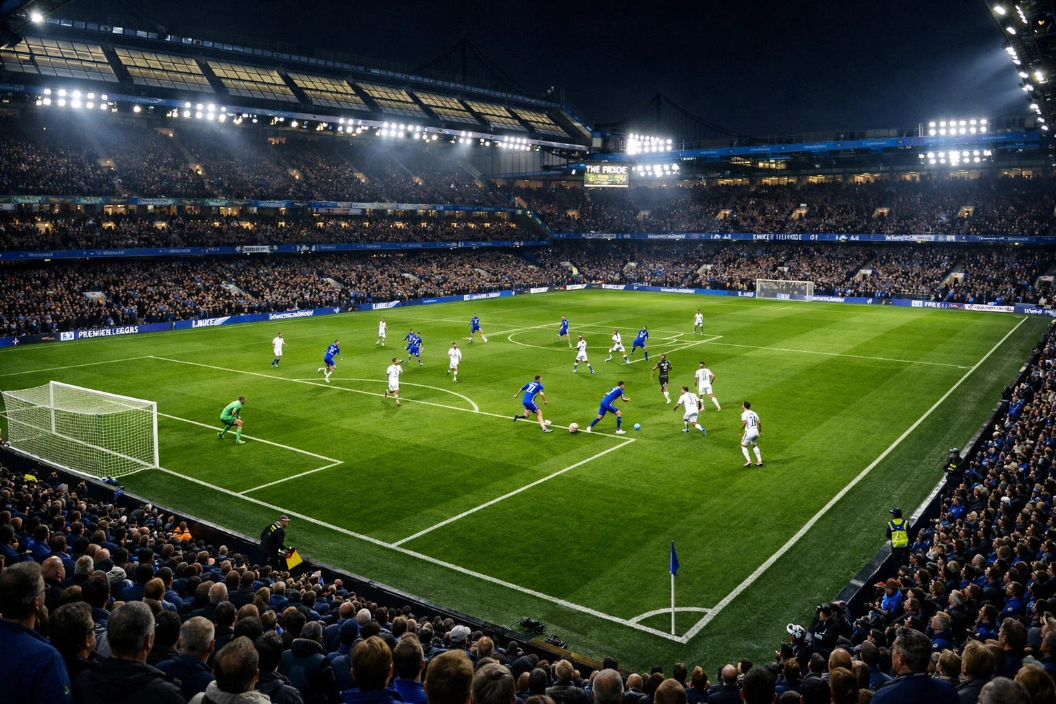 Stamford Bridge Stadion bei Chelsea Premier League Spiel unter Flutlicht