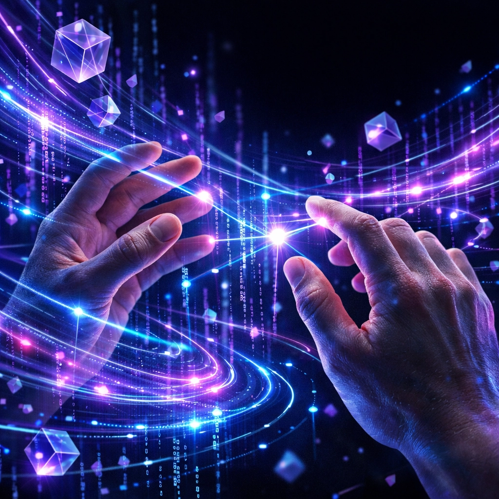 Hands manipulating a holographic data matrix to demonstrate skills in intelligent automation solutions.