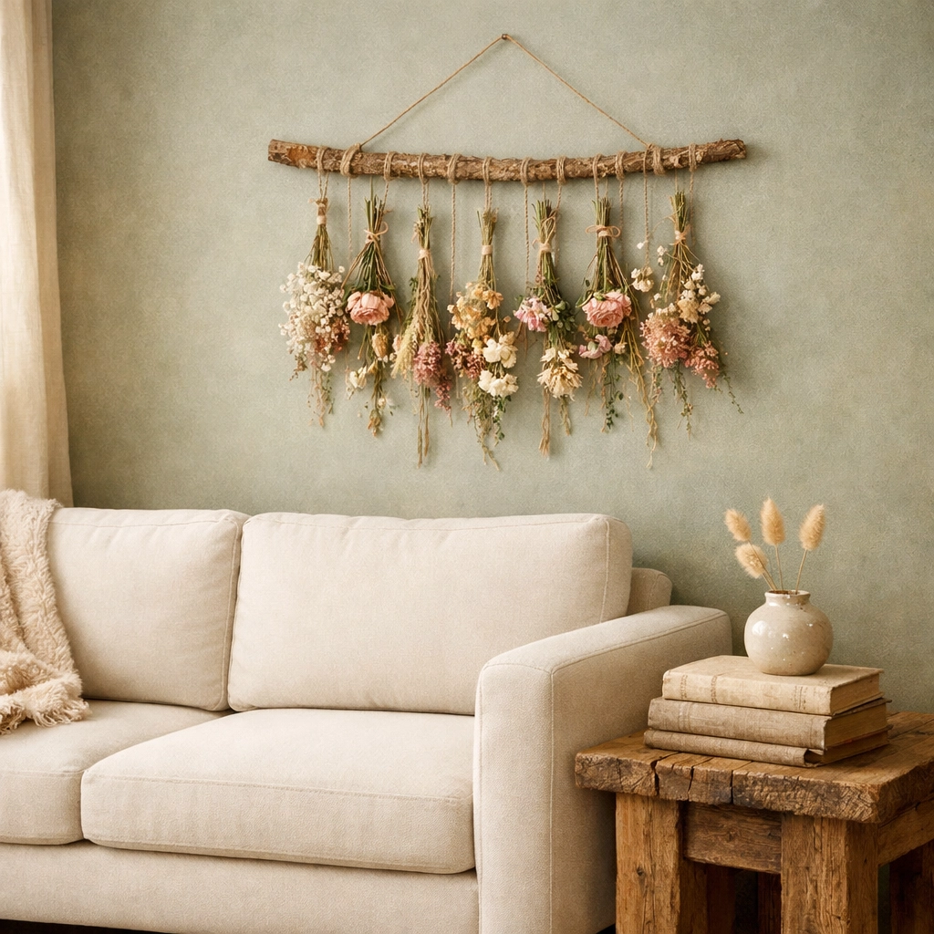Modern living room featuring a handcrafted floral wall hanging and a rustic reclaimed wood side table.
