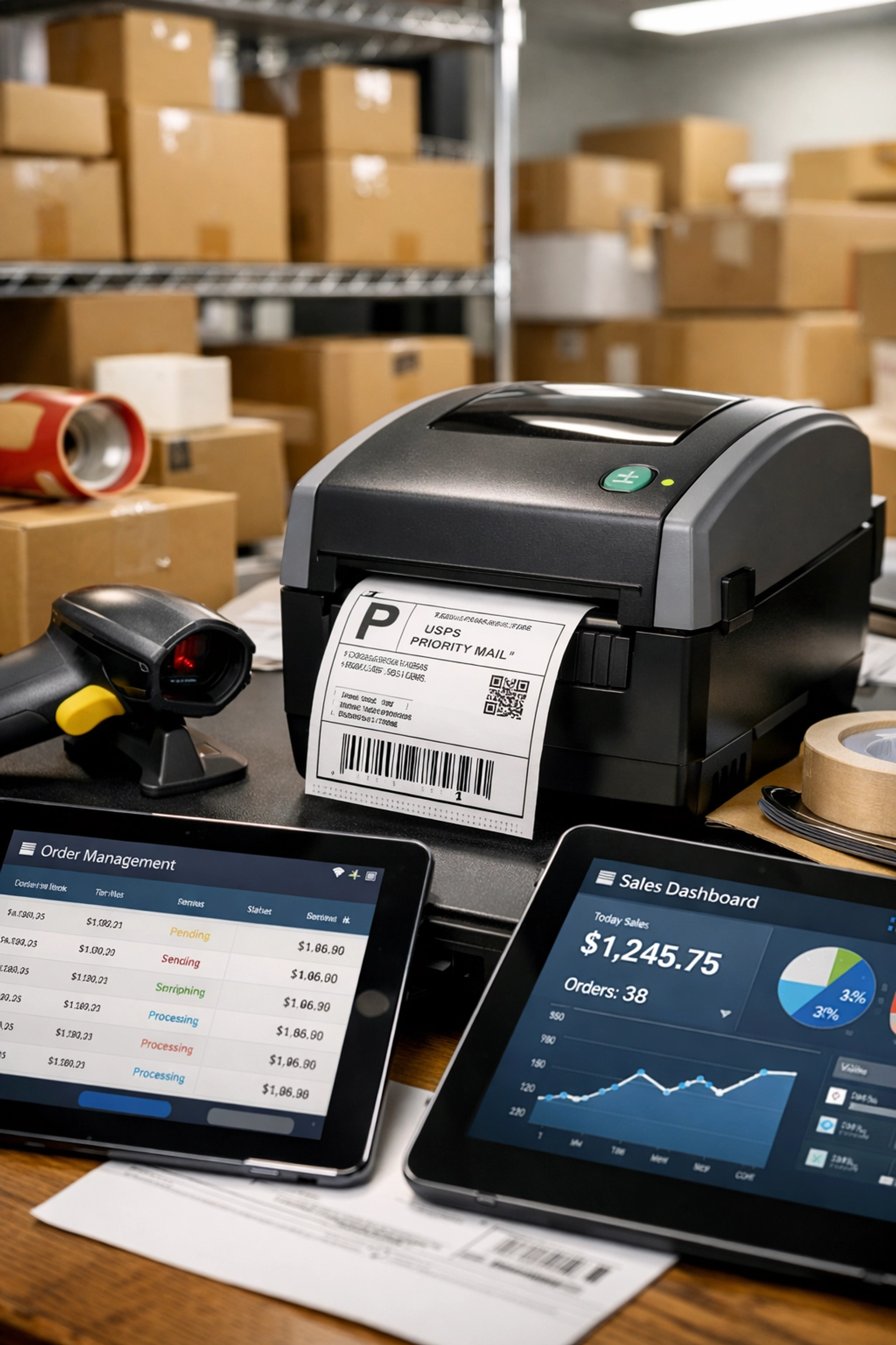 Busy e-commerce shipping station with a label printer and scanner for manual multi-channel order fulfillment.