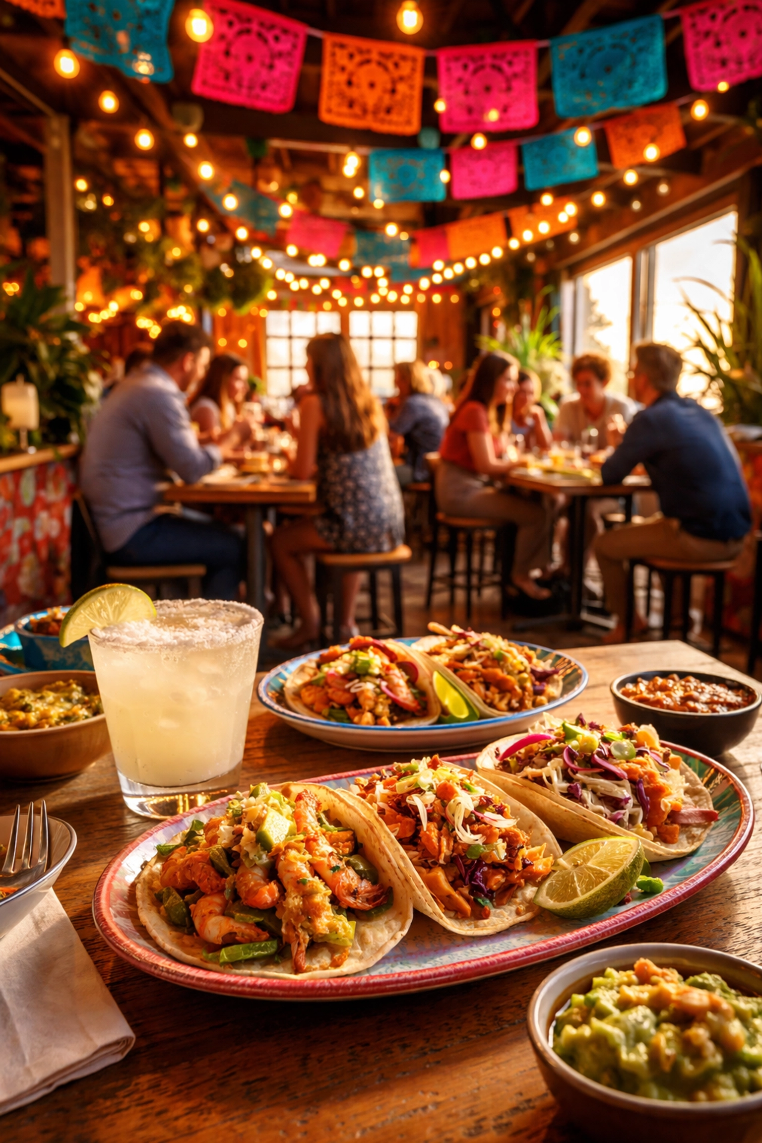 Festive taco restaurant interior with gourmet tacos and margarita, perfect for Summerville’s Taco Tuesday.