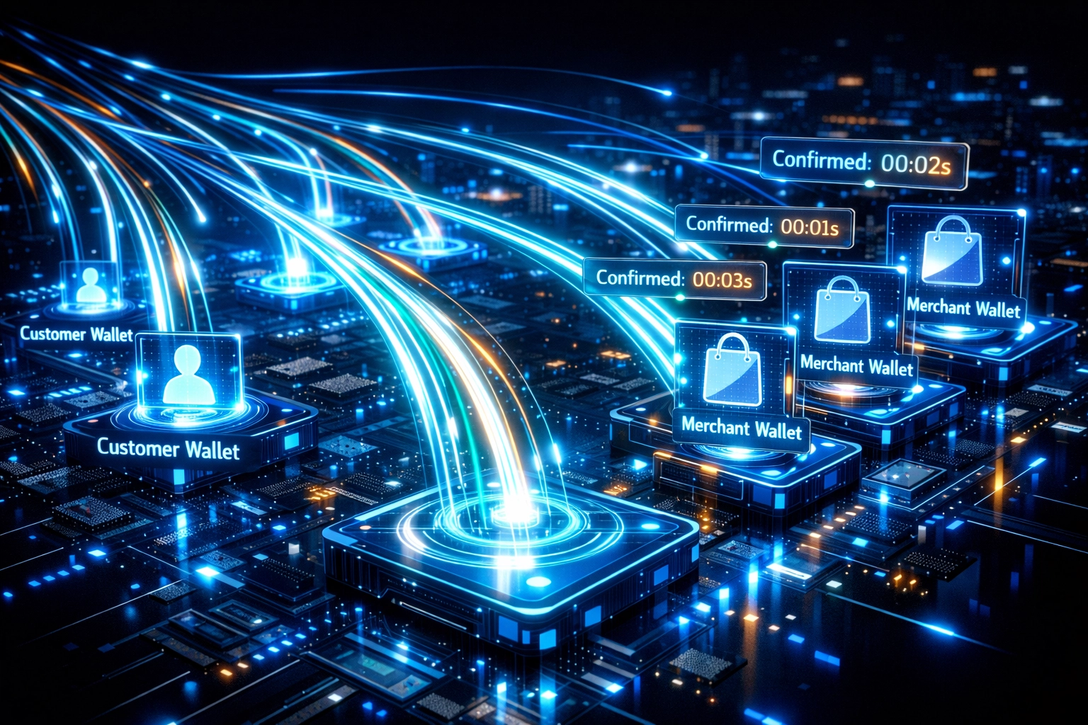 Instant blockchain settlement showing real-time crypto payments flowing to merchant wallets
