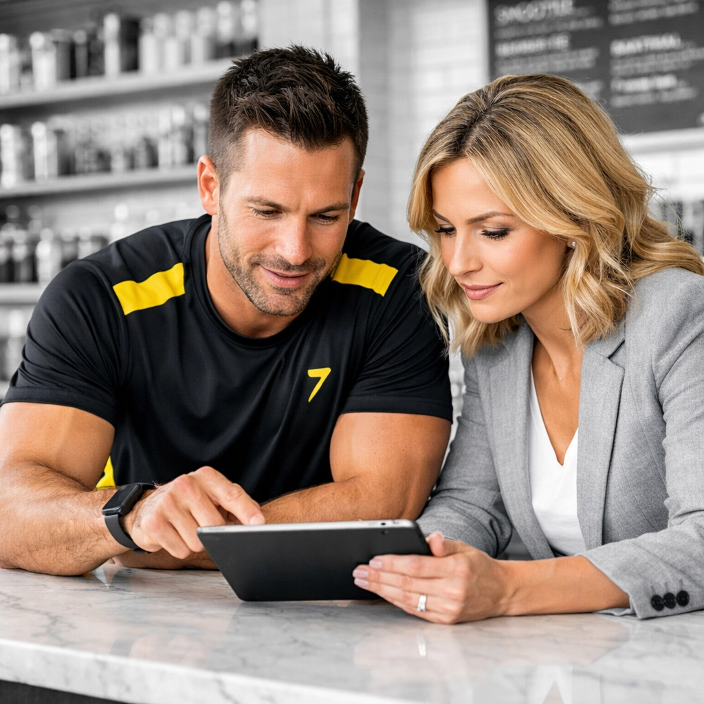 Personal trainer and local business owner collaborating on a strategic partnership in a health cafe.