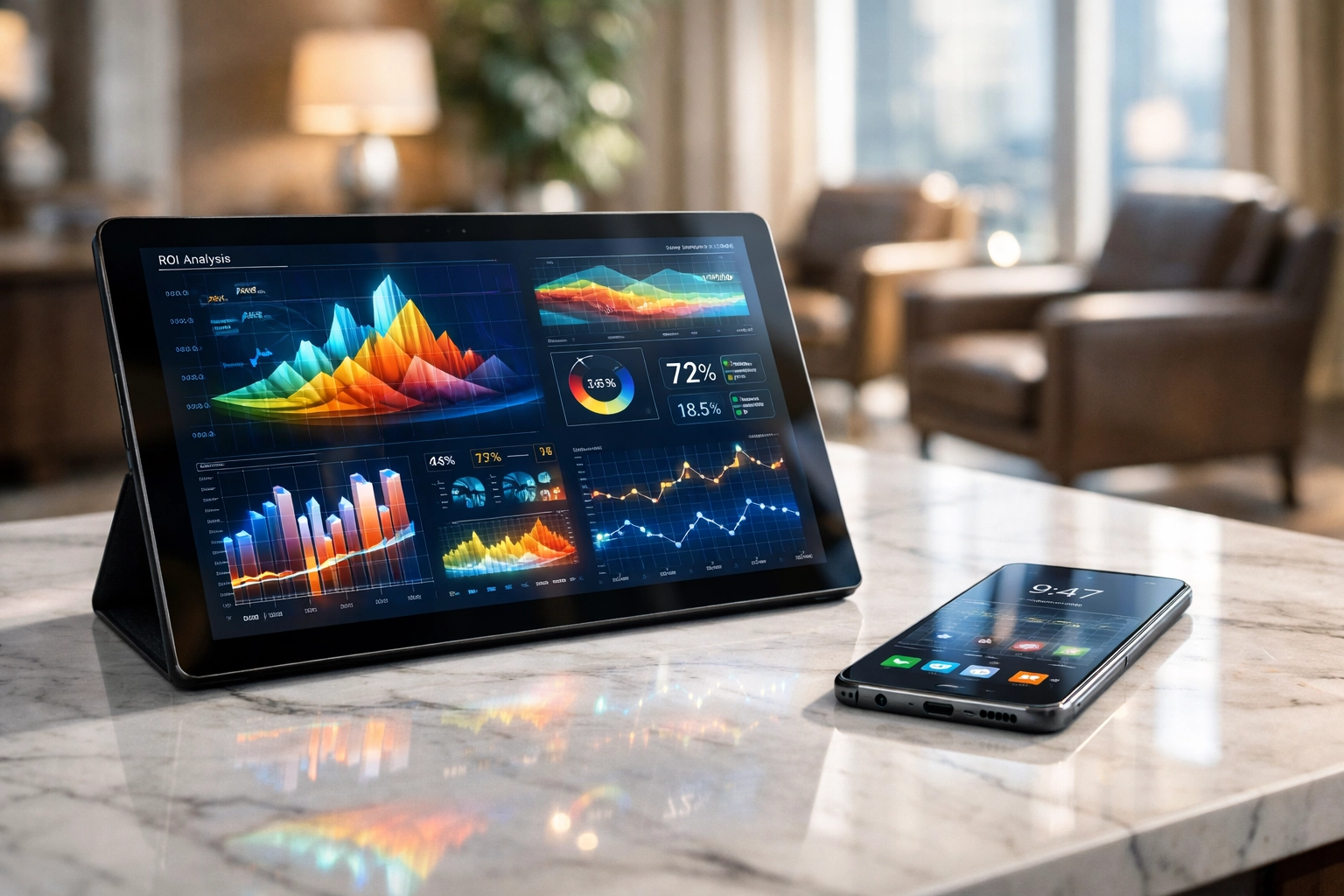 A tablet displaying marketing analytics and data visualizations on a modern executive desk for ROI tracking.