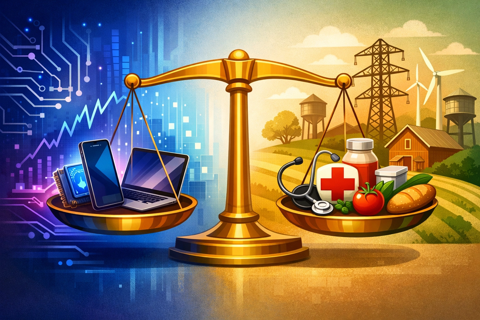 Balanced portfolio illustration showing tech sector and defensive sectors for diversification