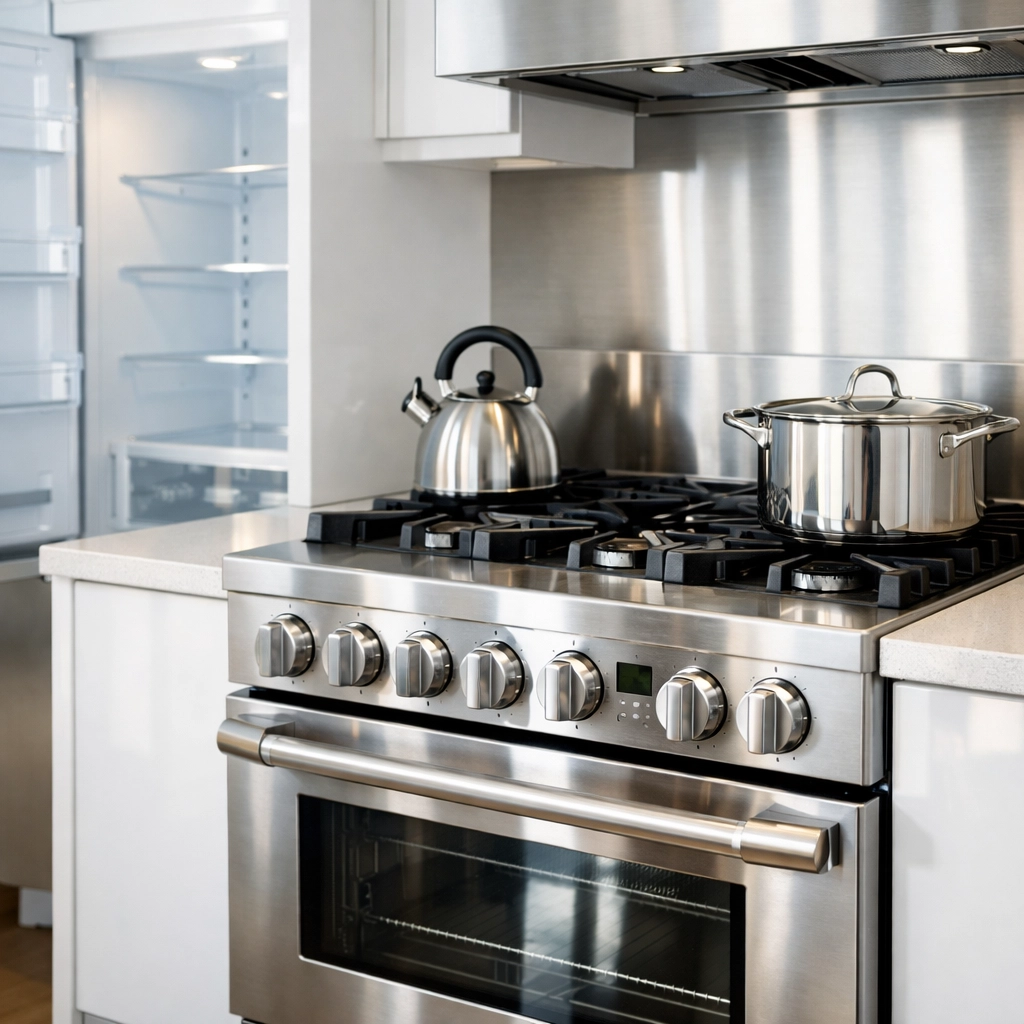 Deep-cleaned stainless steel stovetop and oven in a modern Chicago rental unit.