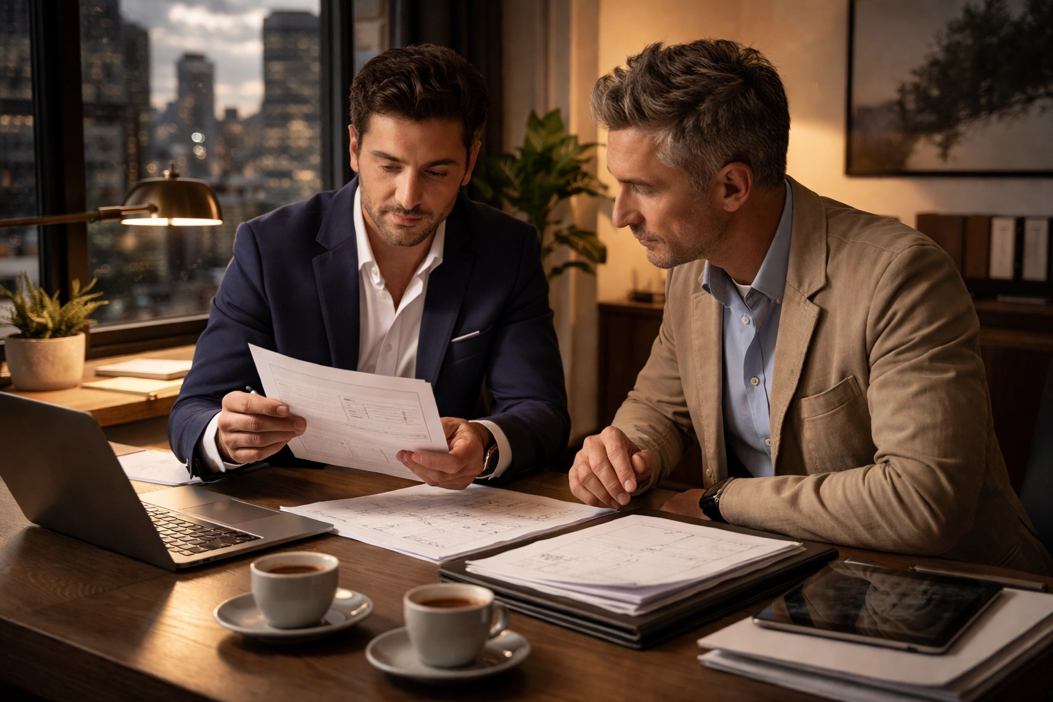 Full-service buyer’s advocacy due diligence in a premium Melbourne office: reviewing building and contract reports, cinematic warm lighting