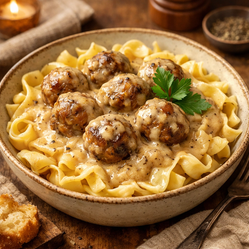 Creamy 5-ingredient Swedish meatballs over egg noodles, a comforting easy family meal.