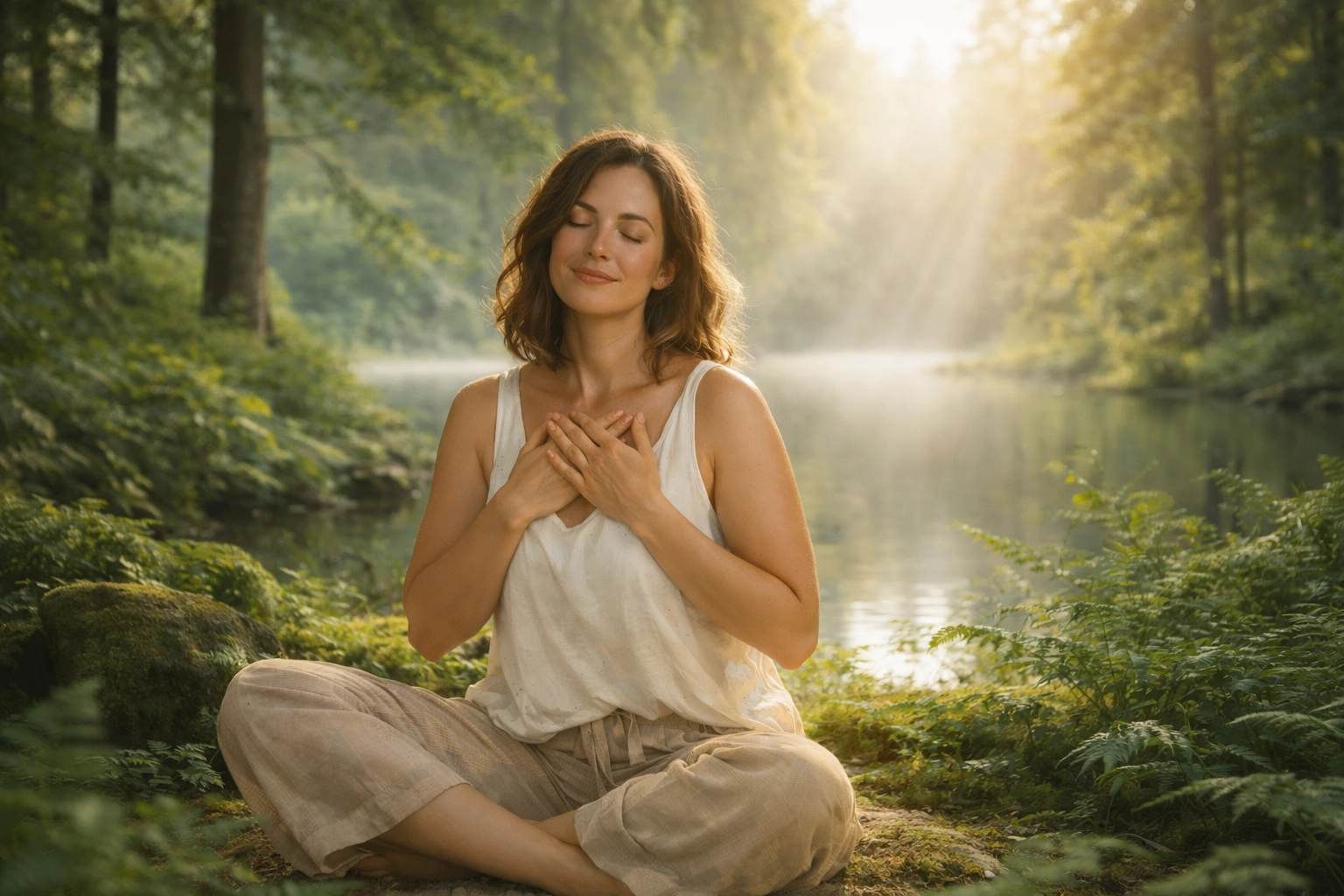 Woman practicing mindful self-compassion and body reconnection in a peaceful, natural setting.