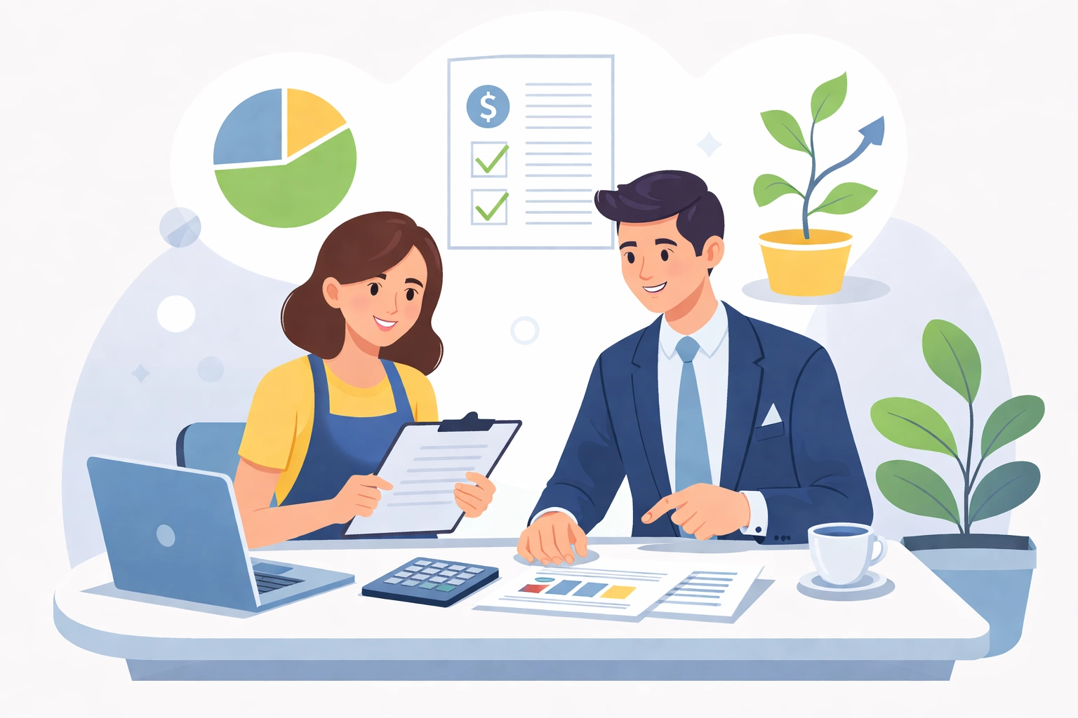 Small business owner reviews tax documents with a professional in a New Haven office