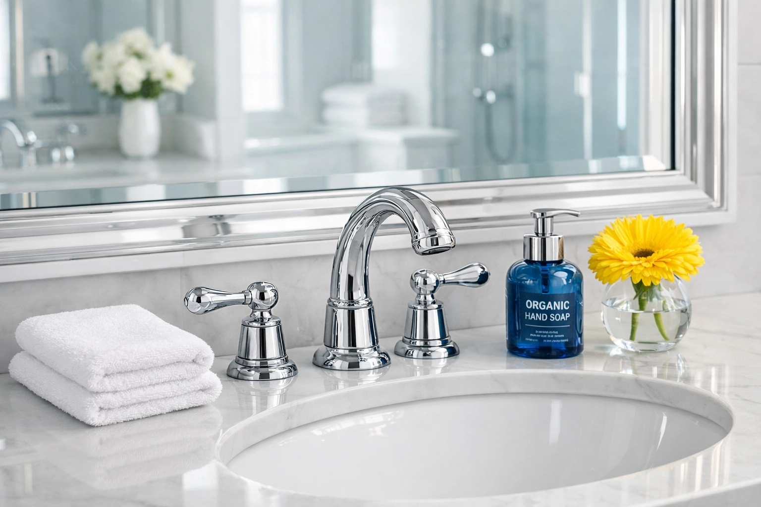 Spotless luxury bathroom vanity after a deep professional house cleaning service in Burlington.