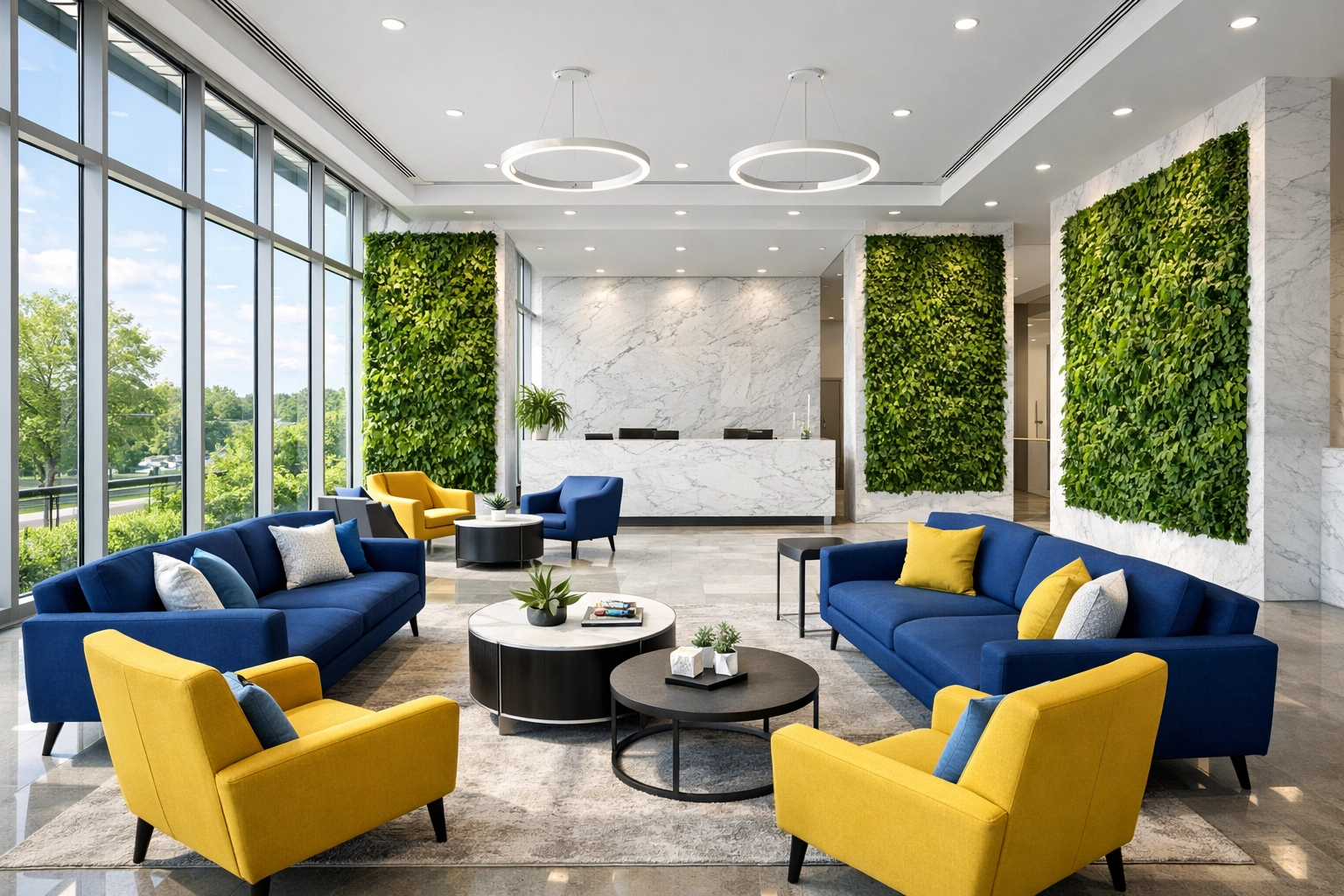 Lush green corporate office lobby in Wellesley, MA, showcasing clean and healthy workspace standards.